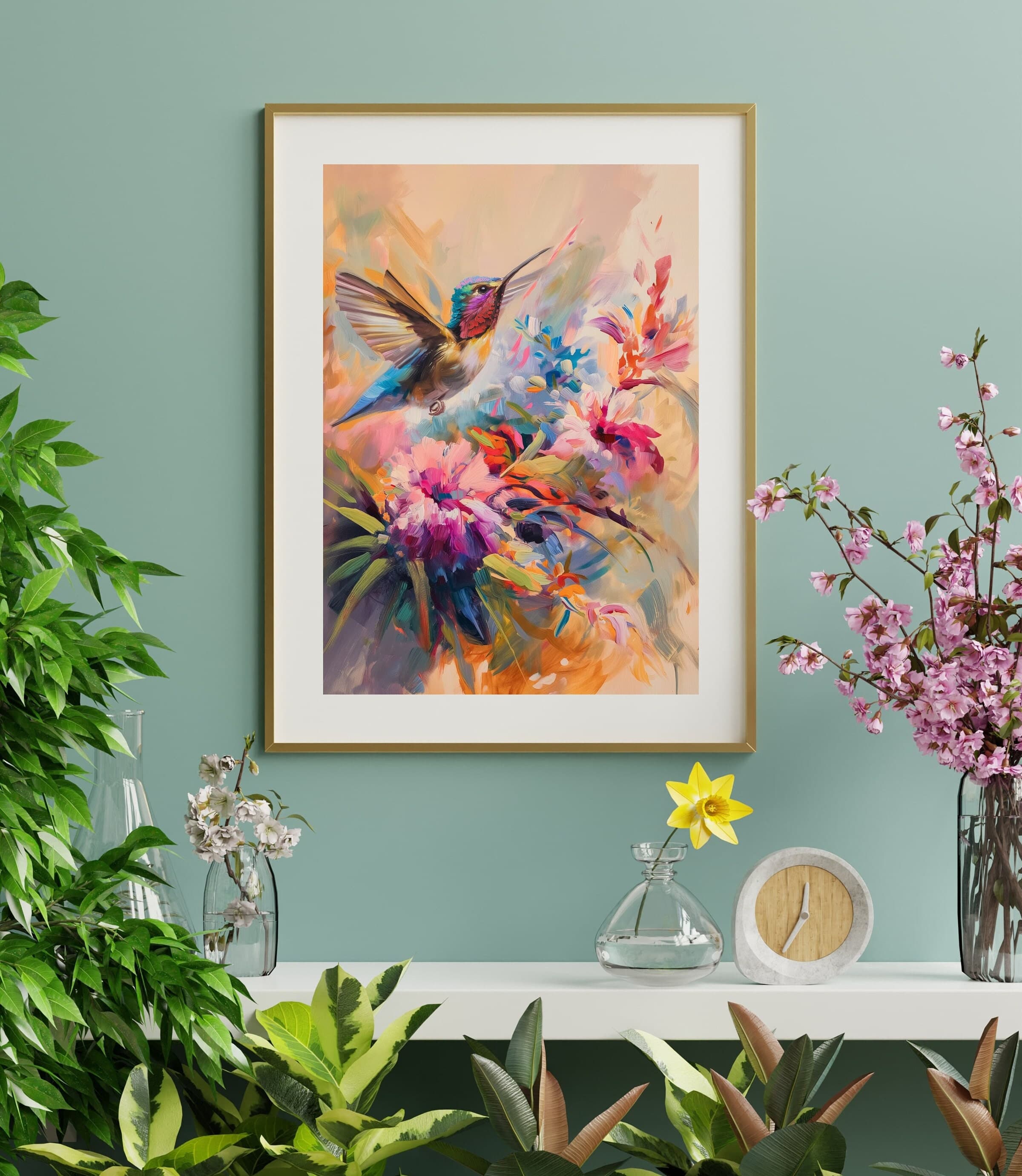 Colorful Hummingbird Poster, Oil Painting, Hummingbird Digital Wall Art, Vibrant Hummingbird and Flowers, Colorful Bird Art, Bird Poster - view 4