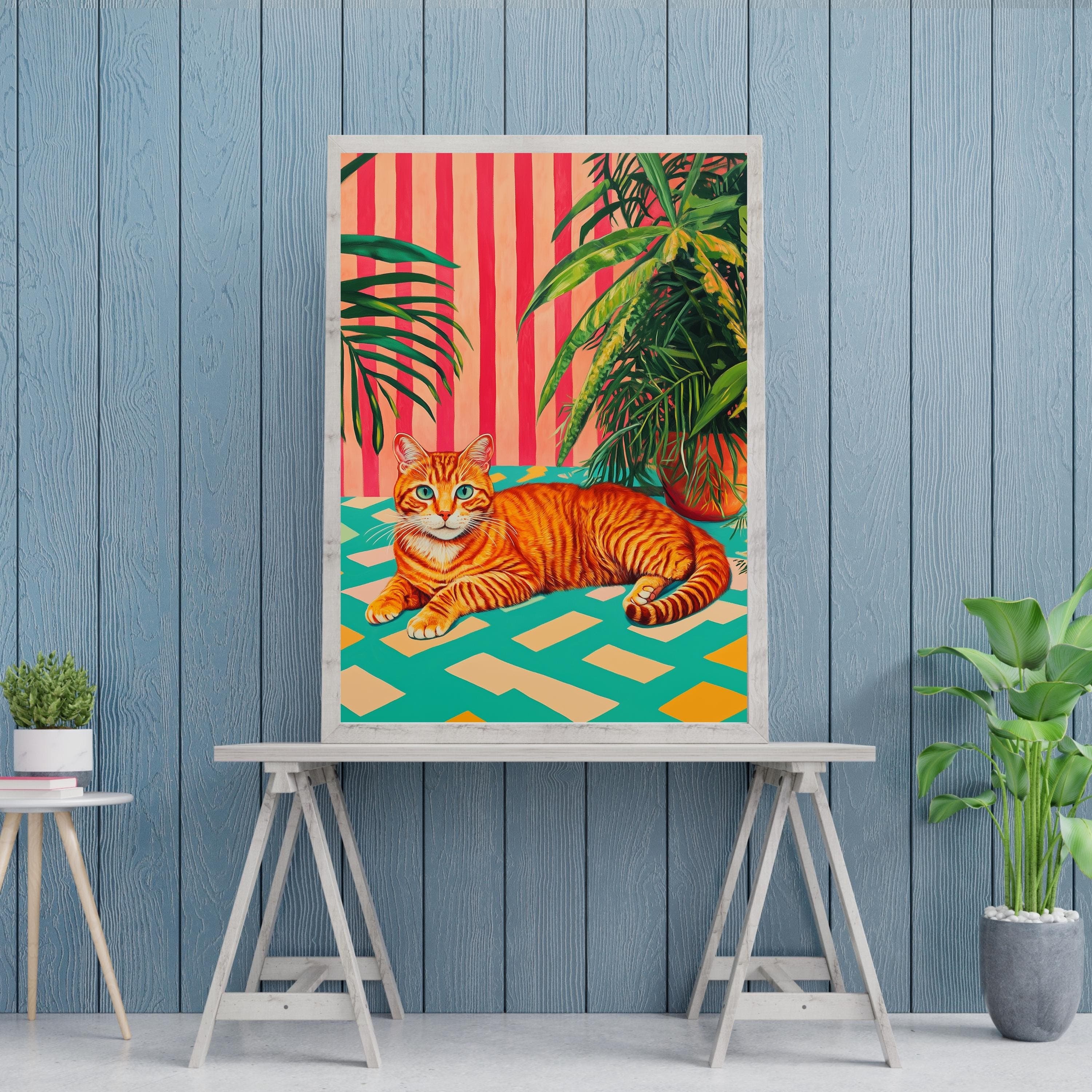 Orange Tabby Cat with Plants Poster, Modern Art Poster,Whimsical Orange Cat with Green Plants, Retro Striped Wall Art, Retro Vibes Art Print - view 6