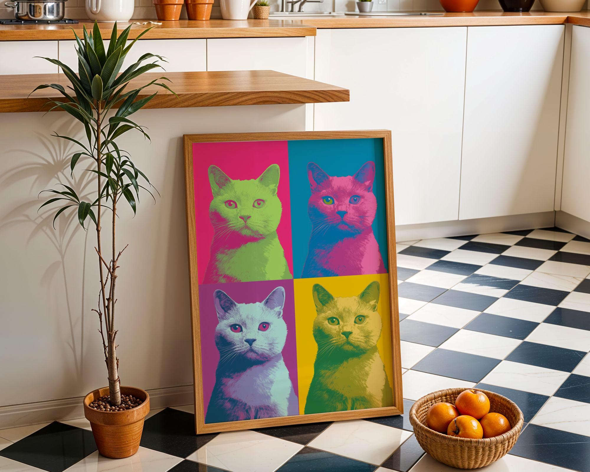 Pop Art Cat Quad, Colorful Wall Art, Pop Art Cat Wall Art, Colorful Cat Wall Decor, Quirky Cat Decor, Retro Cat Wall Poster, Funky Wall Art - view 3