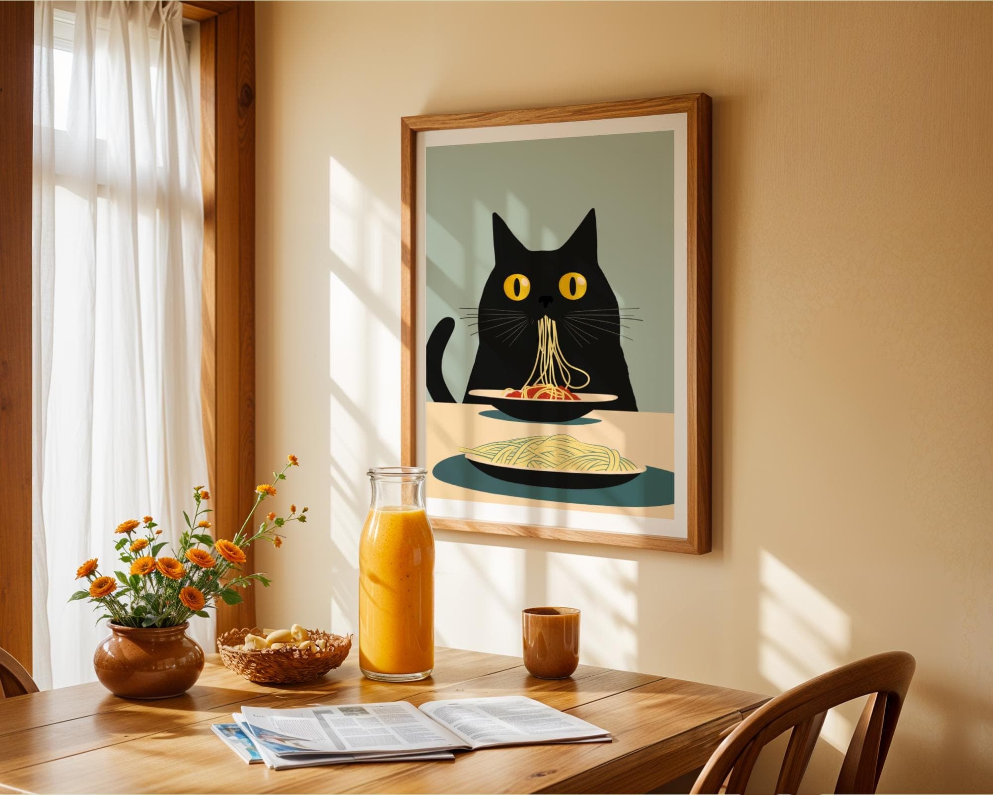 Black Cat Spaghetti Art Print, Whimsical Cat Kitchen Decor, Black Cat Pasta Print, Cat Kitchen Print, Digital Download, Digital Animal Art - view 2