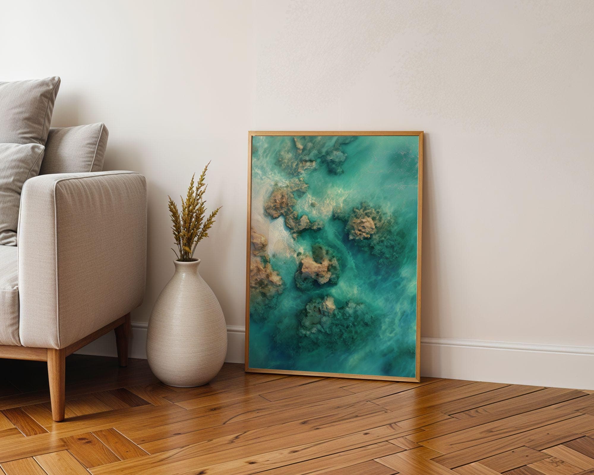 Aerial Ocean Reef Art Print, Turquoise Sea Wall Decor, Emareld Green Background Print, Aerial Ocean Print, Modern Ocean Wall Art, Digital - view 7