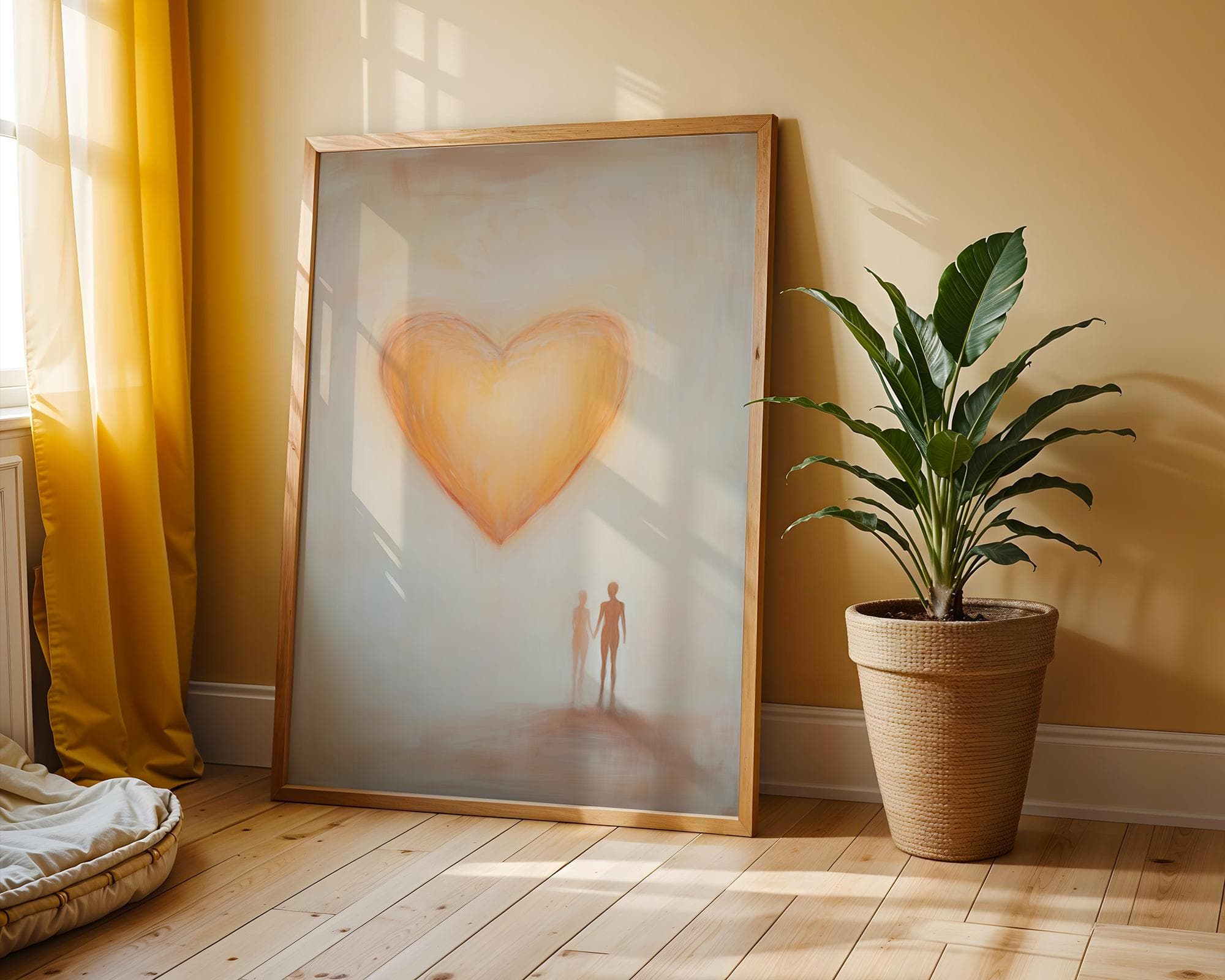 Golden Yellow Heart Painting, Minimalist Romantic Decor, Romantic Heart Art, Warm Bedroom Wall Decor, Digital Heart Art, Valentines Wall Art - view 3