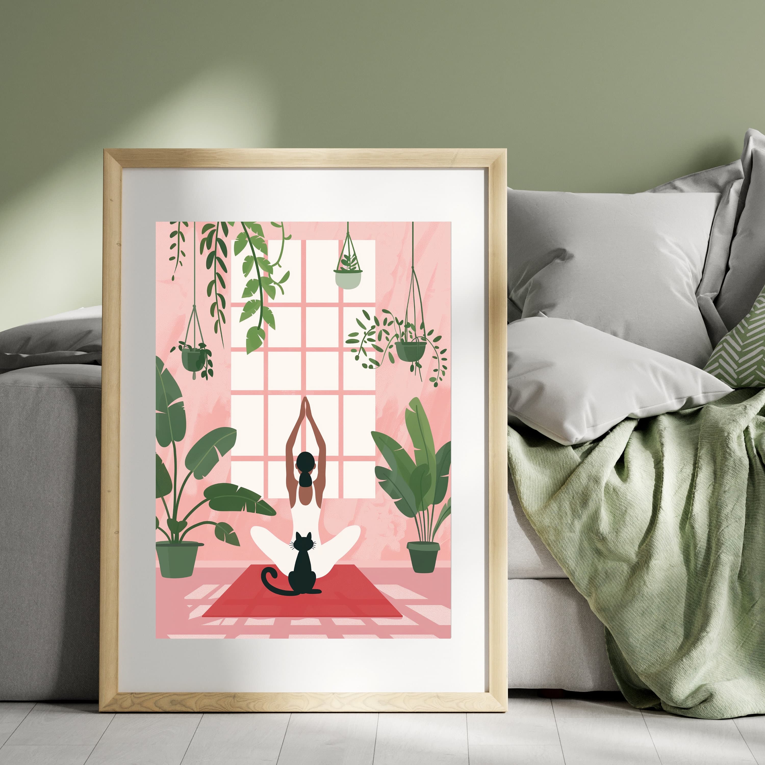 Yoga Cat and Woman Print, Cat Yoga Print, Black Cat Art, Yoga Room Decor, Yoga Lover,Serene Yoga Meditation Art Print, International Cat Day - view 3