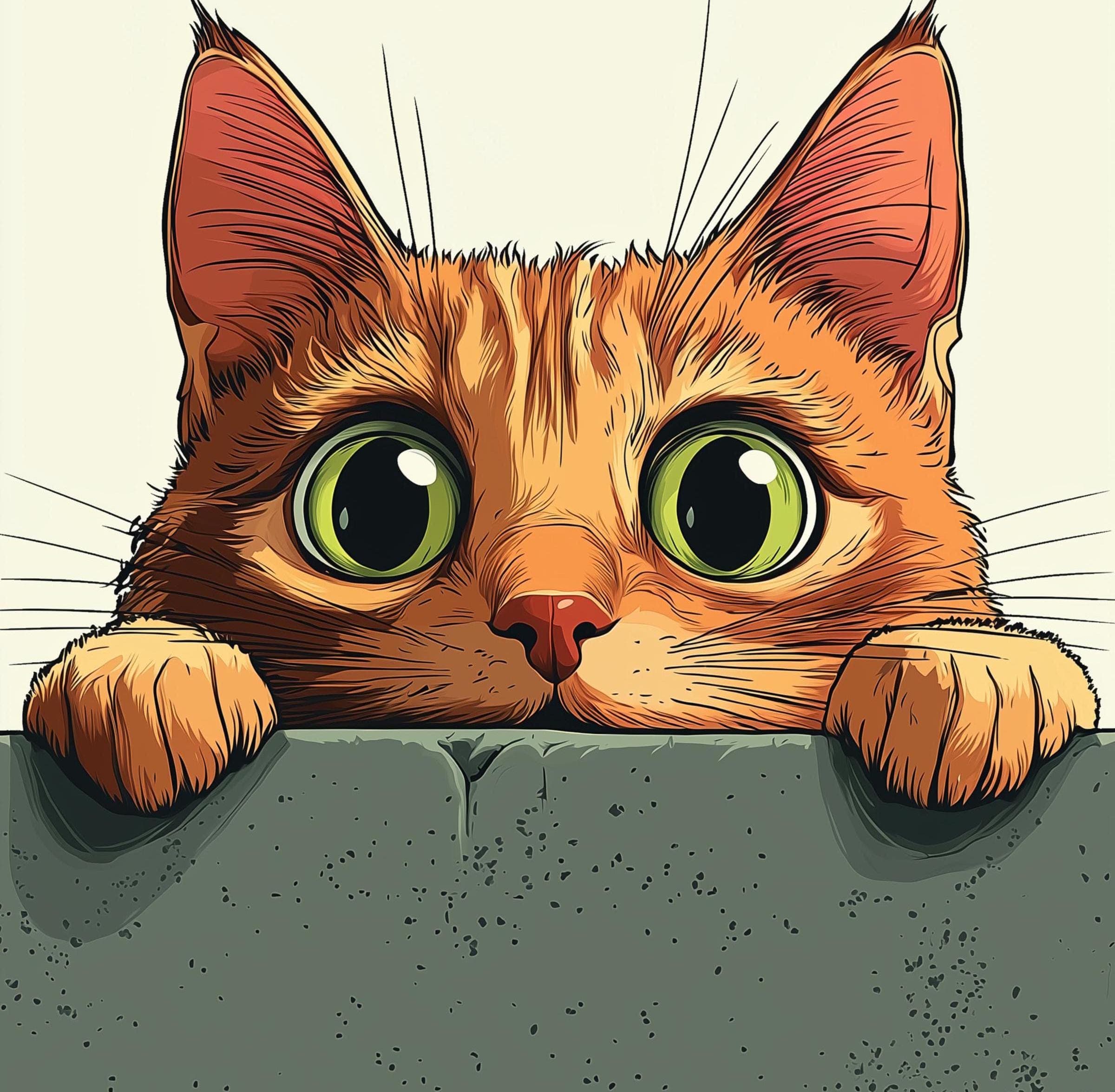 Whimsical Cat Peeking Art Print, Colorful Digital Wall Decor, Cute Cat Peeking Wall Art, Playful Wall Decor for Kids' Room, Ginger Cat Art - view 2