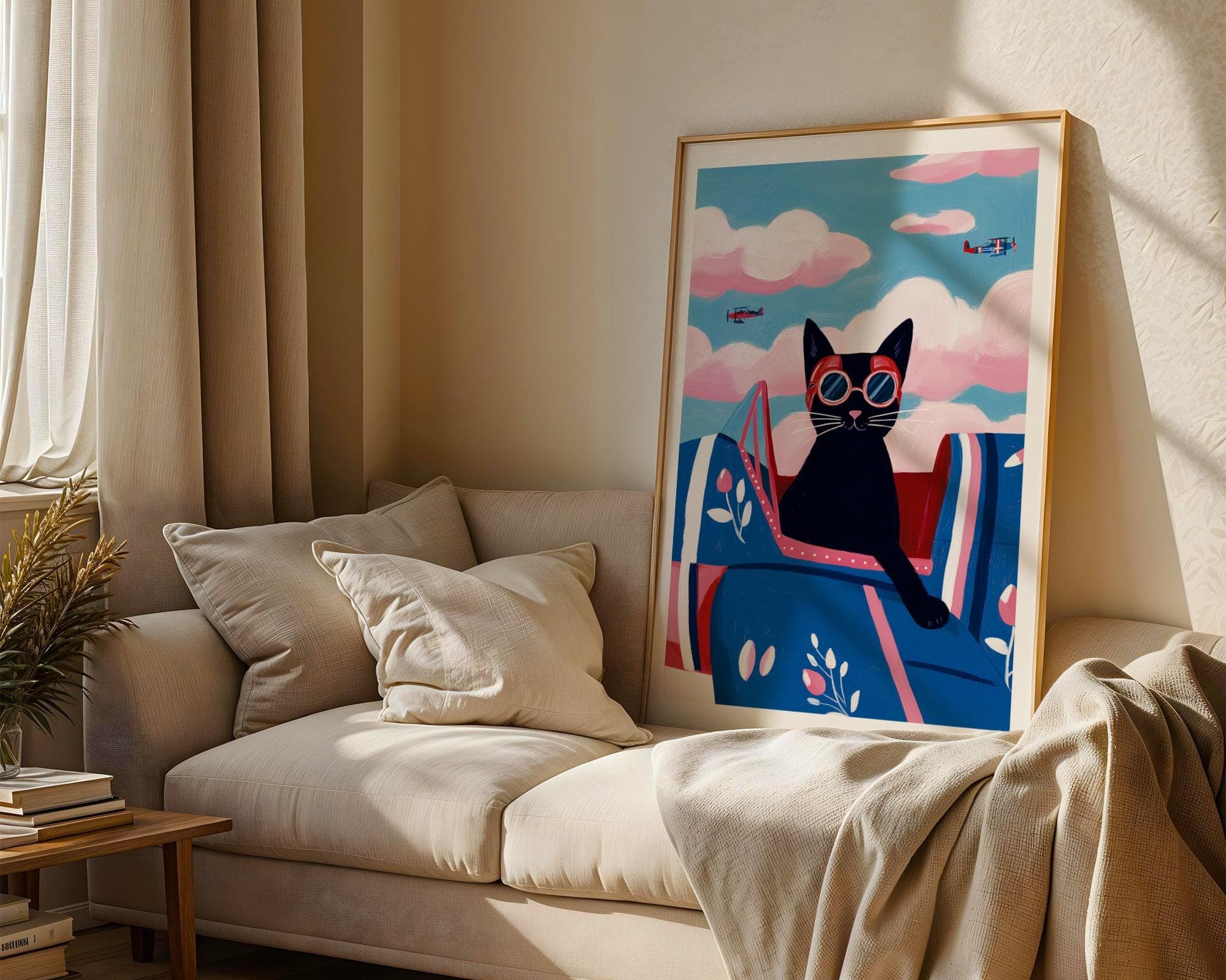 Aviator Cat Wall Art, Vintage Airplane Art, Whimsical Black Cat Art, Pilot Cat Wall Poster, Nursery Wall Poster, Digital Download, Printable - view 3