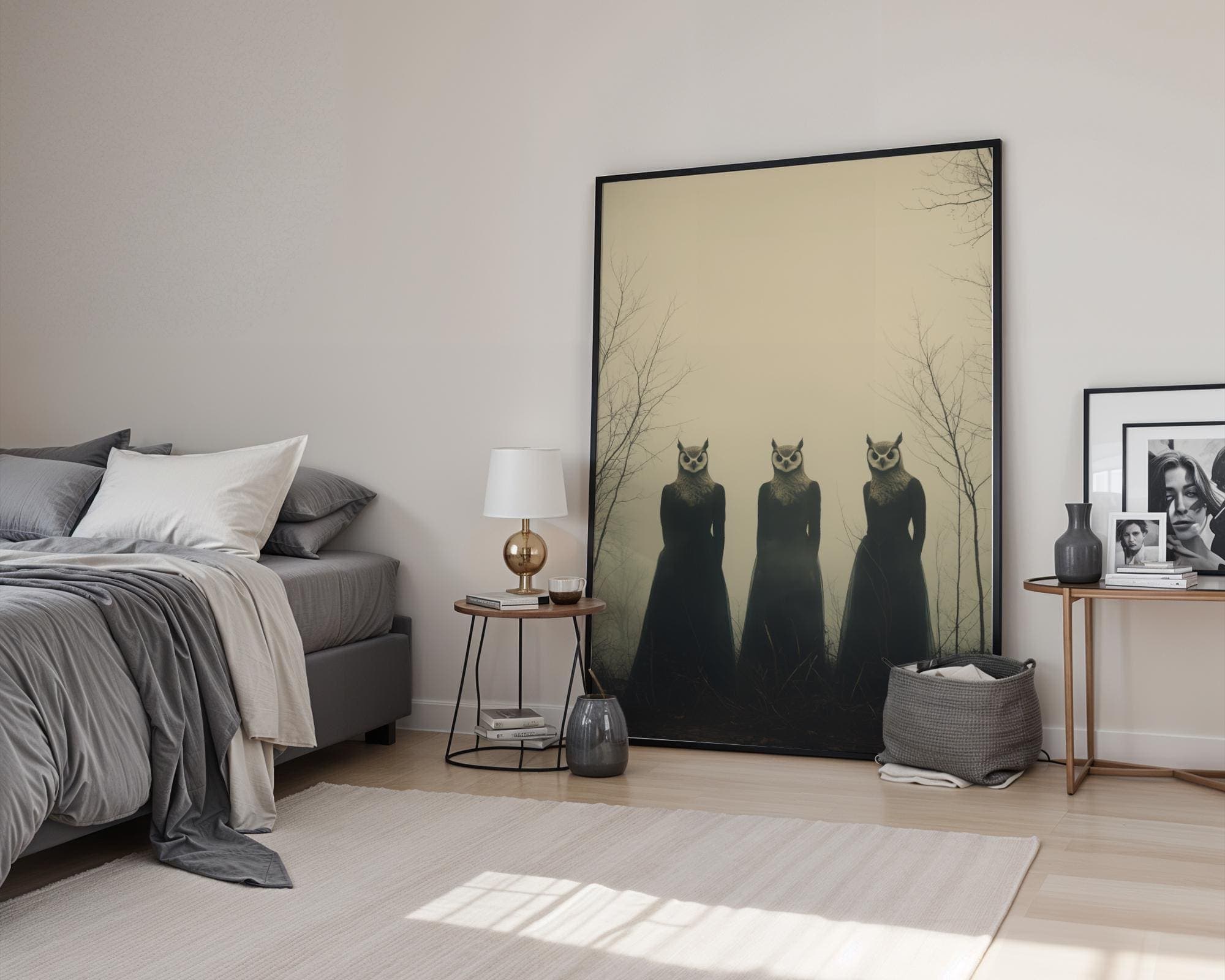 Surreal Gothic Owl Women Wall Art β Creepy Forest Print for Witchy Dark Academia Decor, Moody Sepia Surreal Print, Whimsical Gothic Decor - view 3