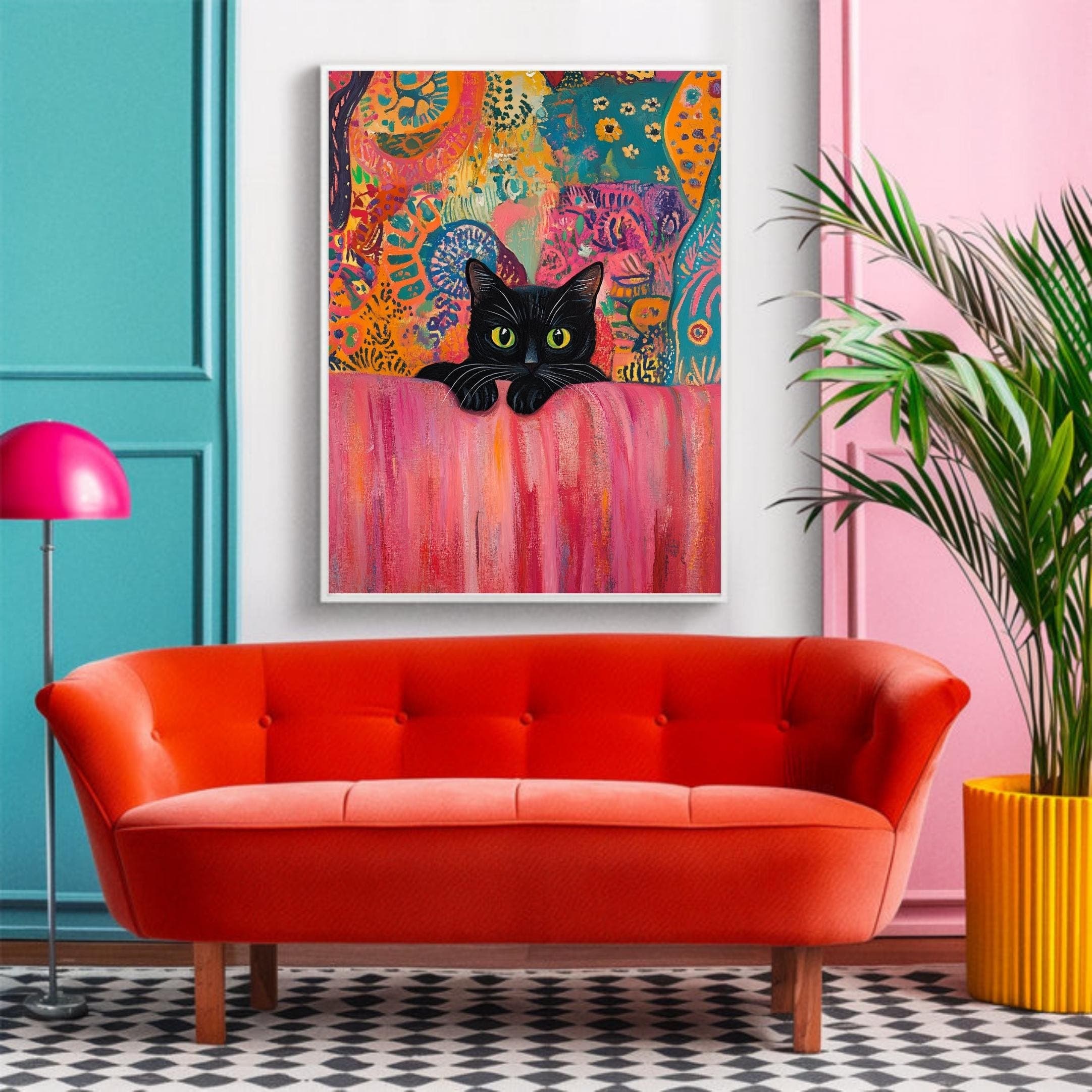Black Cat Art Print, Pink Couch, Colorful Abstract, Matisse Style (Digital Download) - view 4