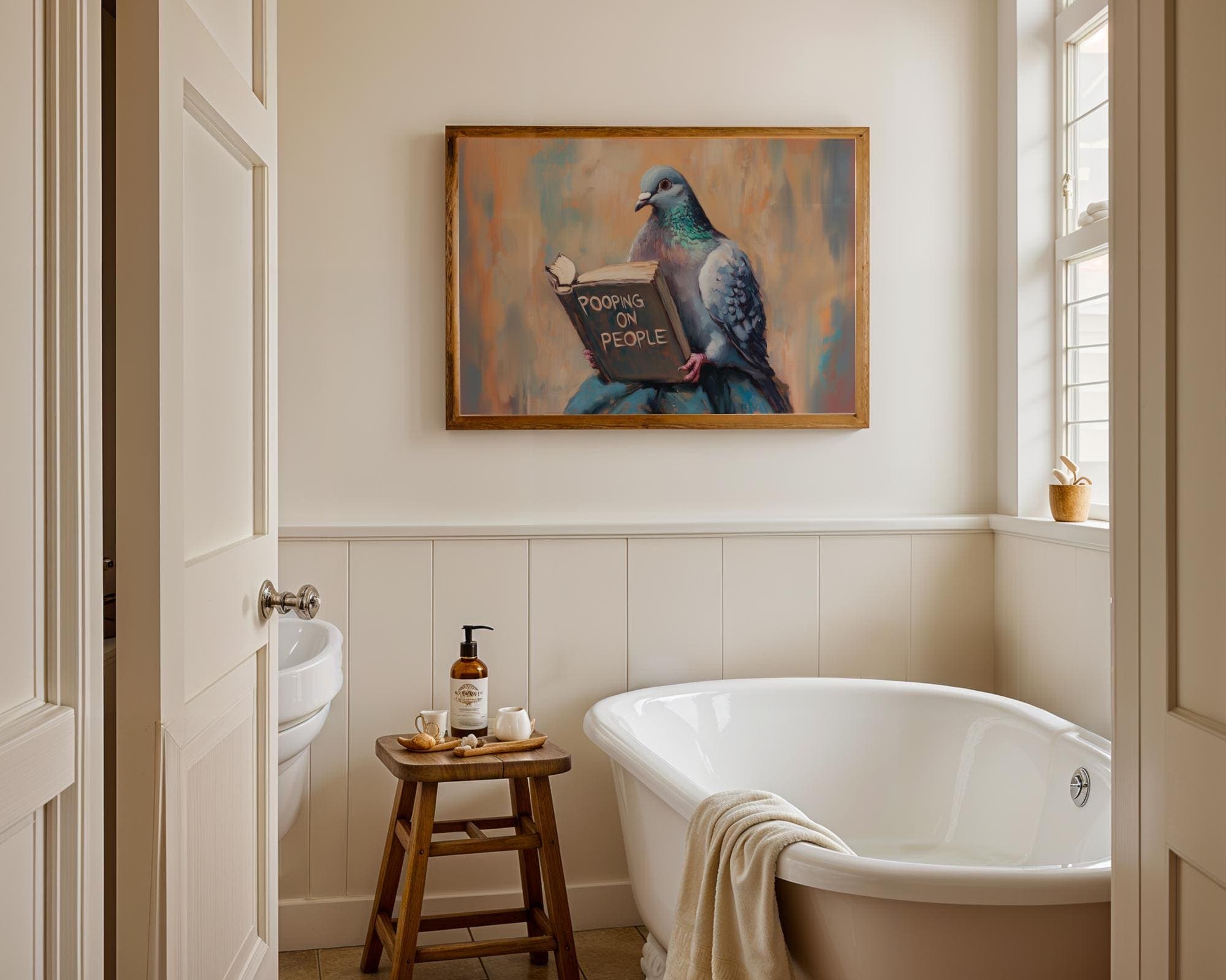 Funny Pigeon, Bird Reading Book, Bathroom Funny Posters, Humorous Pet, Digital Wall Art, Pooping On People Poster, Art Digital Download - view 3