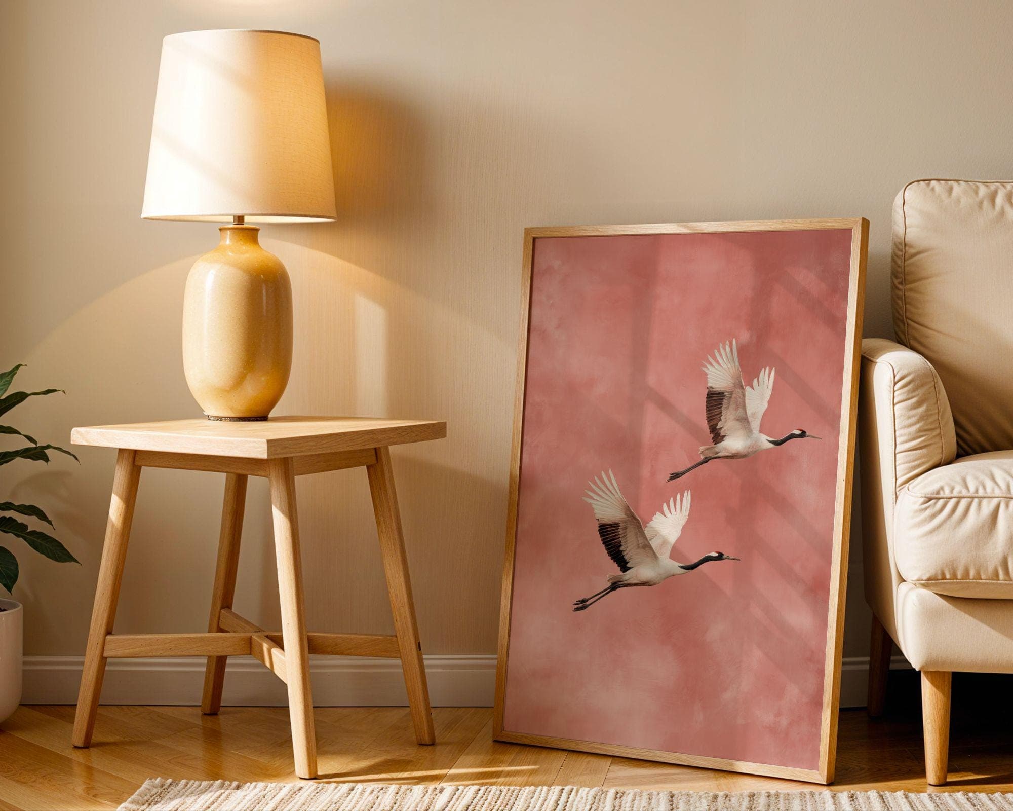 Japandi Crane Wall Art, Wabi-Sabi Decor, Scandinavian Wall Art,Minimal Birds, Neutral Tones, Flying Crane Wall Art, Blush Pink Bird Painting - view 8