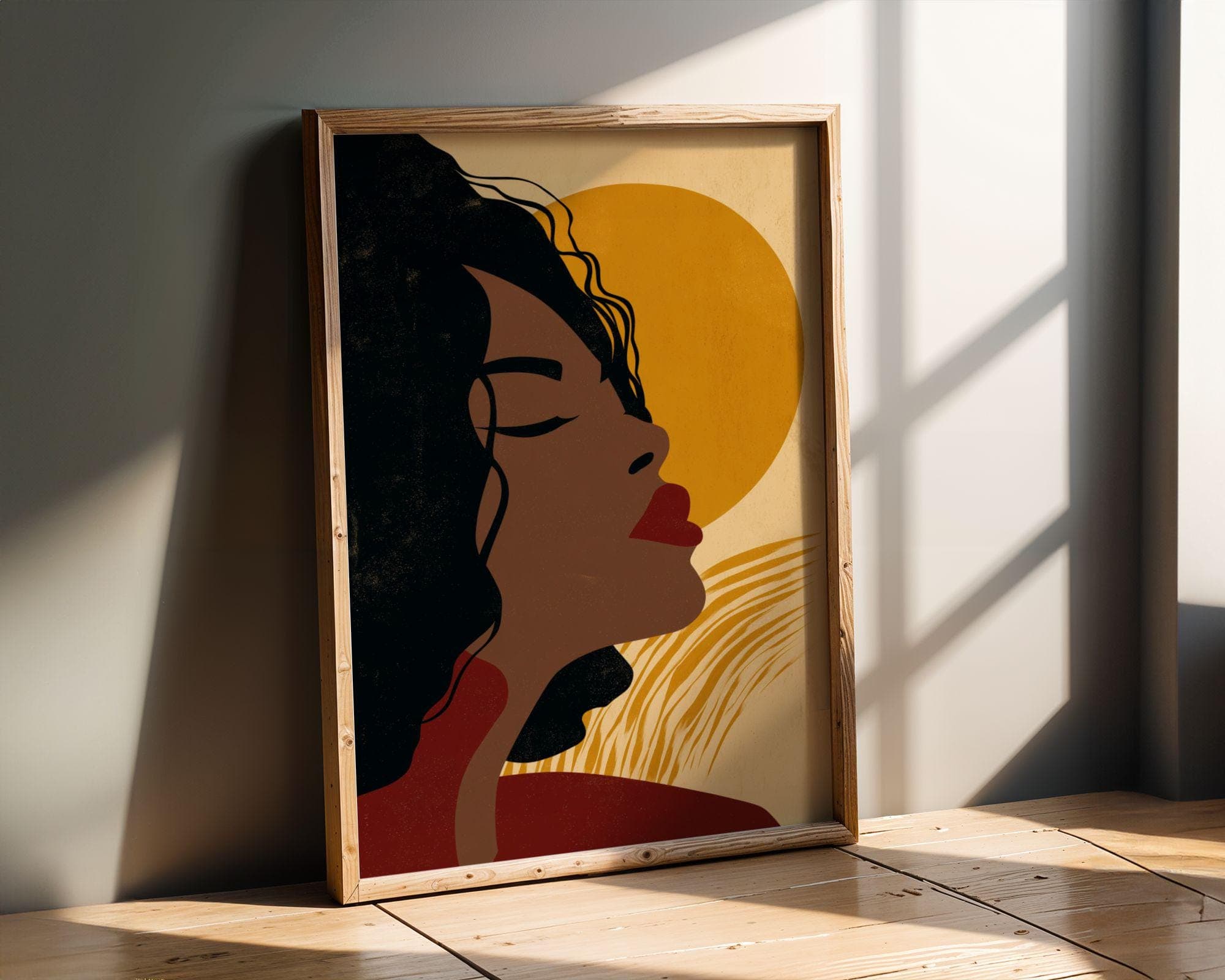 Black Woman Wall Art, Red Lips Portrait, Golden Sun, Boho Neutral Decor Print, Modern Afrocentric Decor, Earthy Neutral Art, Digital Print - view 6