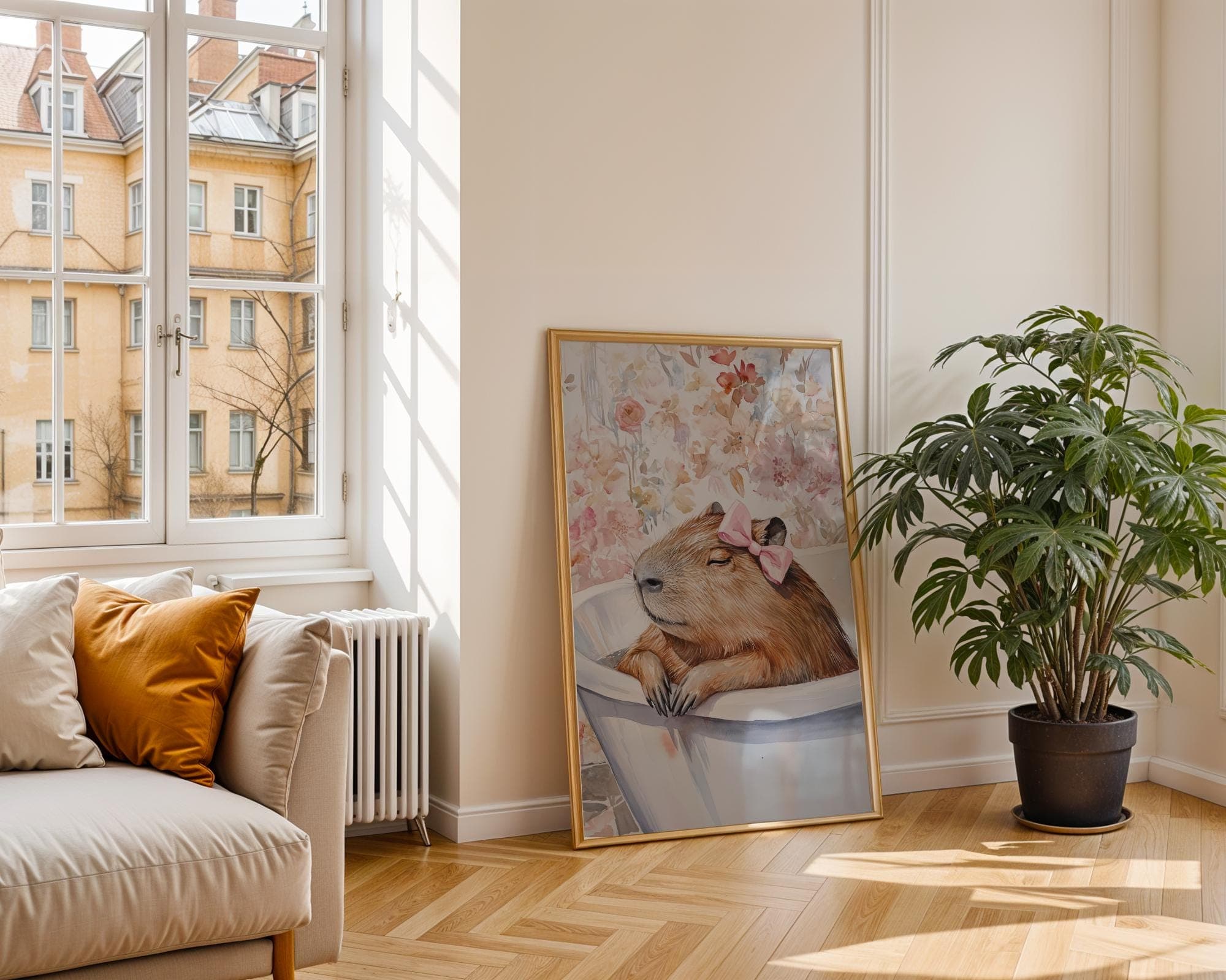 Capybara Wall Art, Pink Bow Capybara Print, Funny Bathroom Decor, Cute Capybara Poster, Bathtub Wall Art, Watercolor Capybara Print - view 5