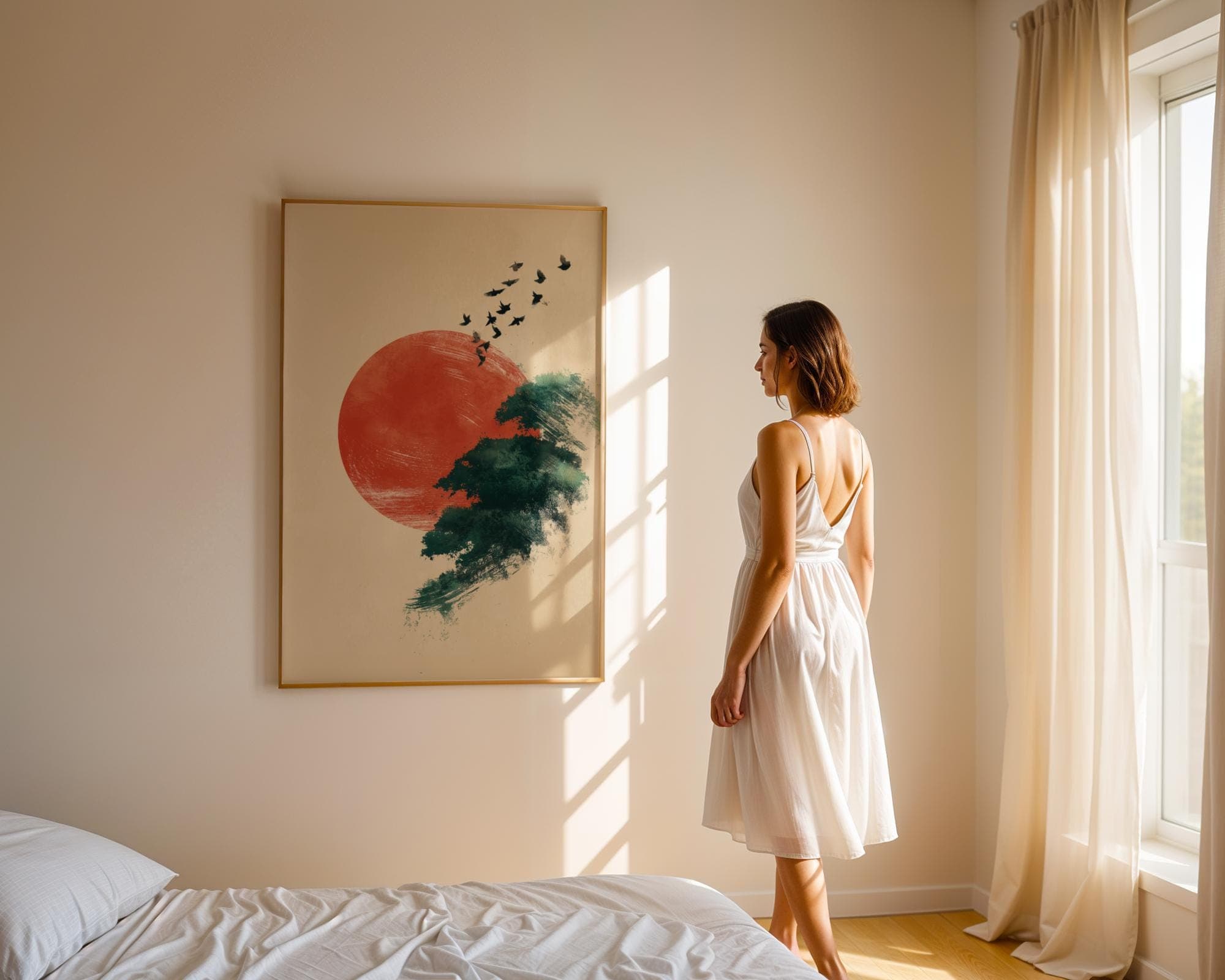 Japandi Minimalist Wall Art | Red Sun and Flying Birds Print | Zen Nature Landscape Painting for Modern Home Decor, Modern Oriental Art - view 4