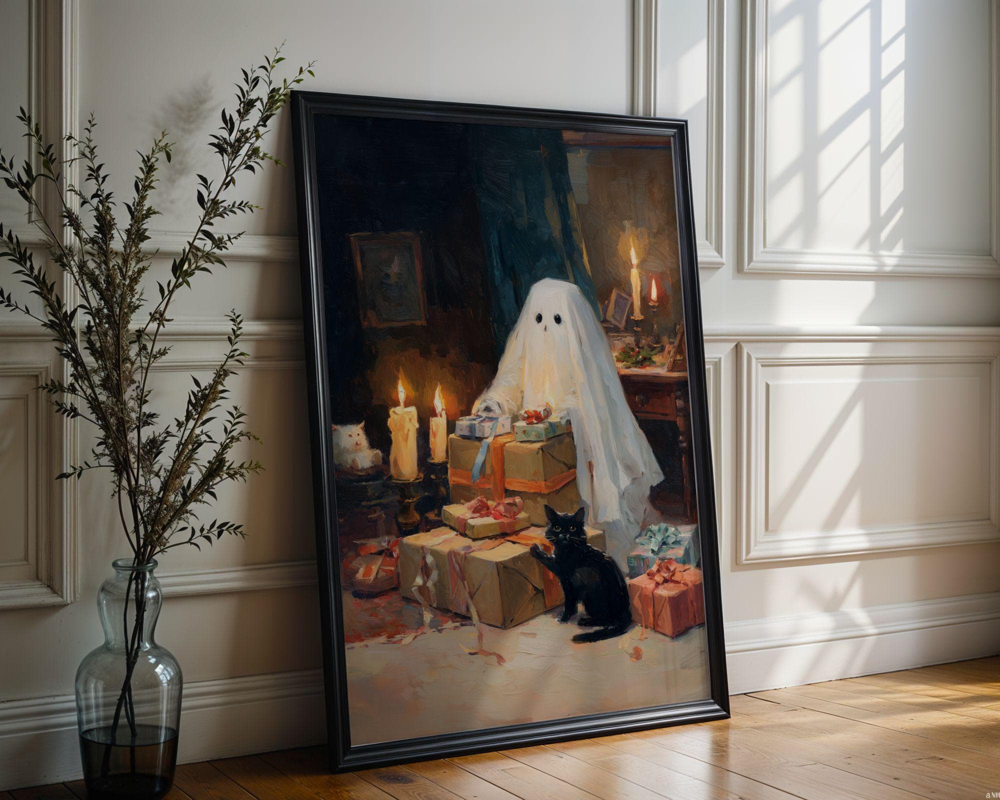 Ghost Christmas Art Print, Spooky Christmas Ghost and Black Cat Wall Art Print, Vintage Ghost Christmas, Christmas Ghost Painting, Black Cat - view 2