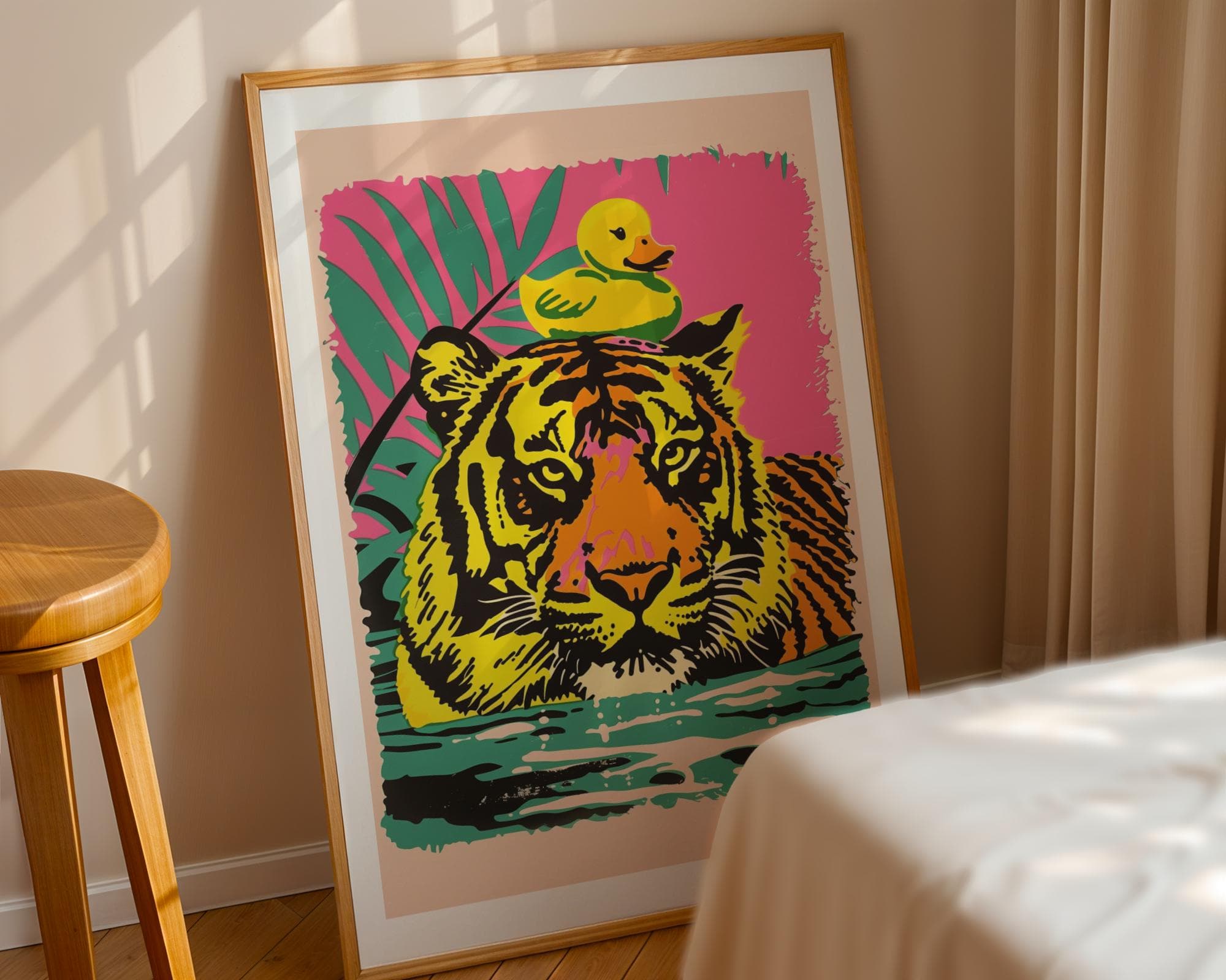Pop Art Tiger Print with Yellow Duck, Modern Quirky Decor (Digital Download) - view 2