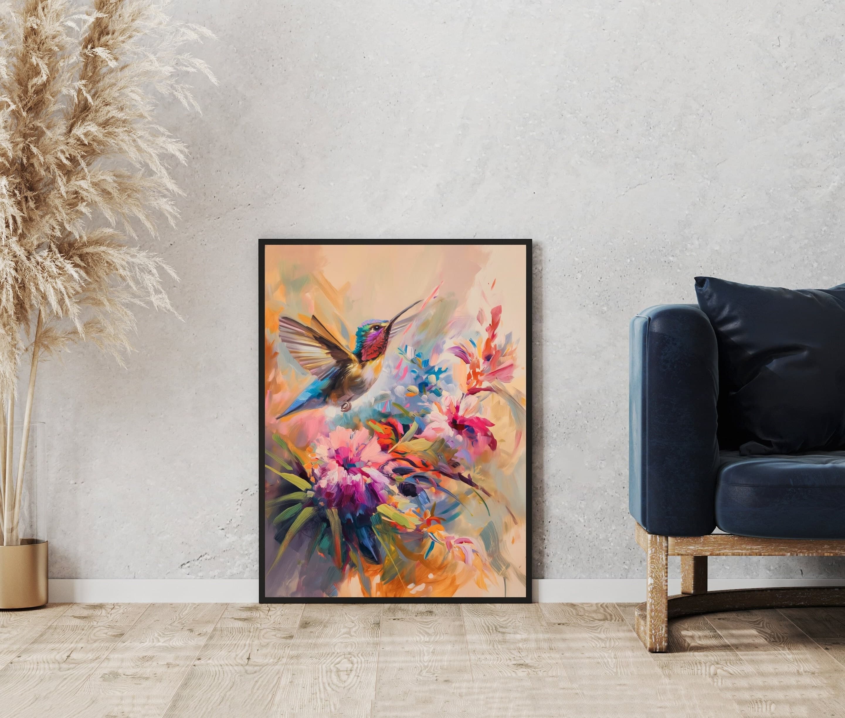 Colorful Hummingbird Poster, Oil Painting, Hummingbird Digital Wall Art, Vibrant Hummingbird and Flowers, Colorful Bird Art, Bird Poster - view 7