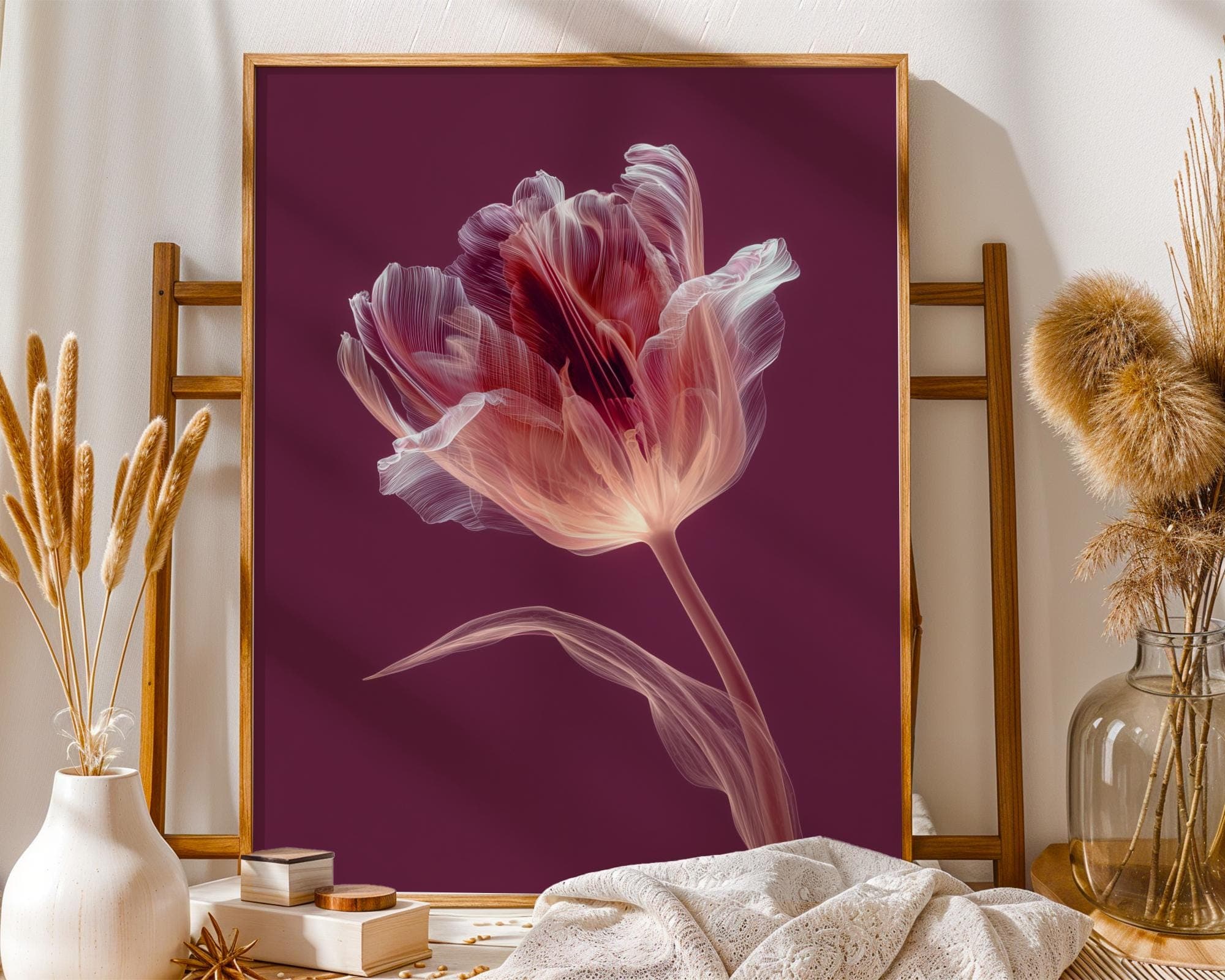 X Ray Tulip Flower Wall Art Botanical Burgundy Pink Radiograph Floral Print Minimal Nature Decor, Floral Botanical Poster, Pink Tulip Print - view 3