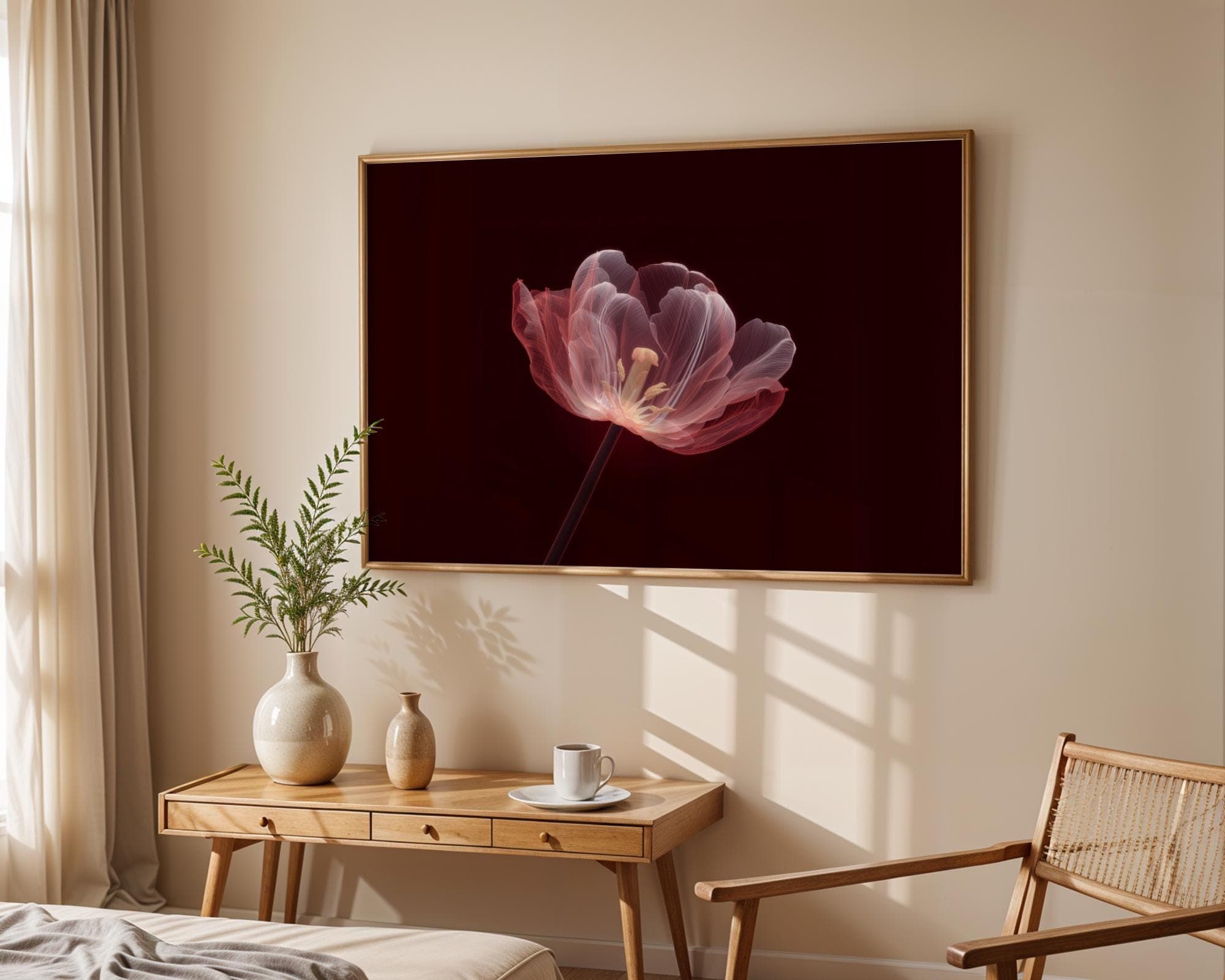 Red Tulip Flower Wall Art X-Ray Botanical Print, Moody Floral Print, Deep Burgundy Background, Pink Flower Wall Art, Tulip Art Print - view 5