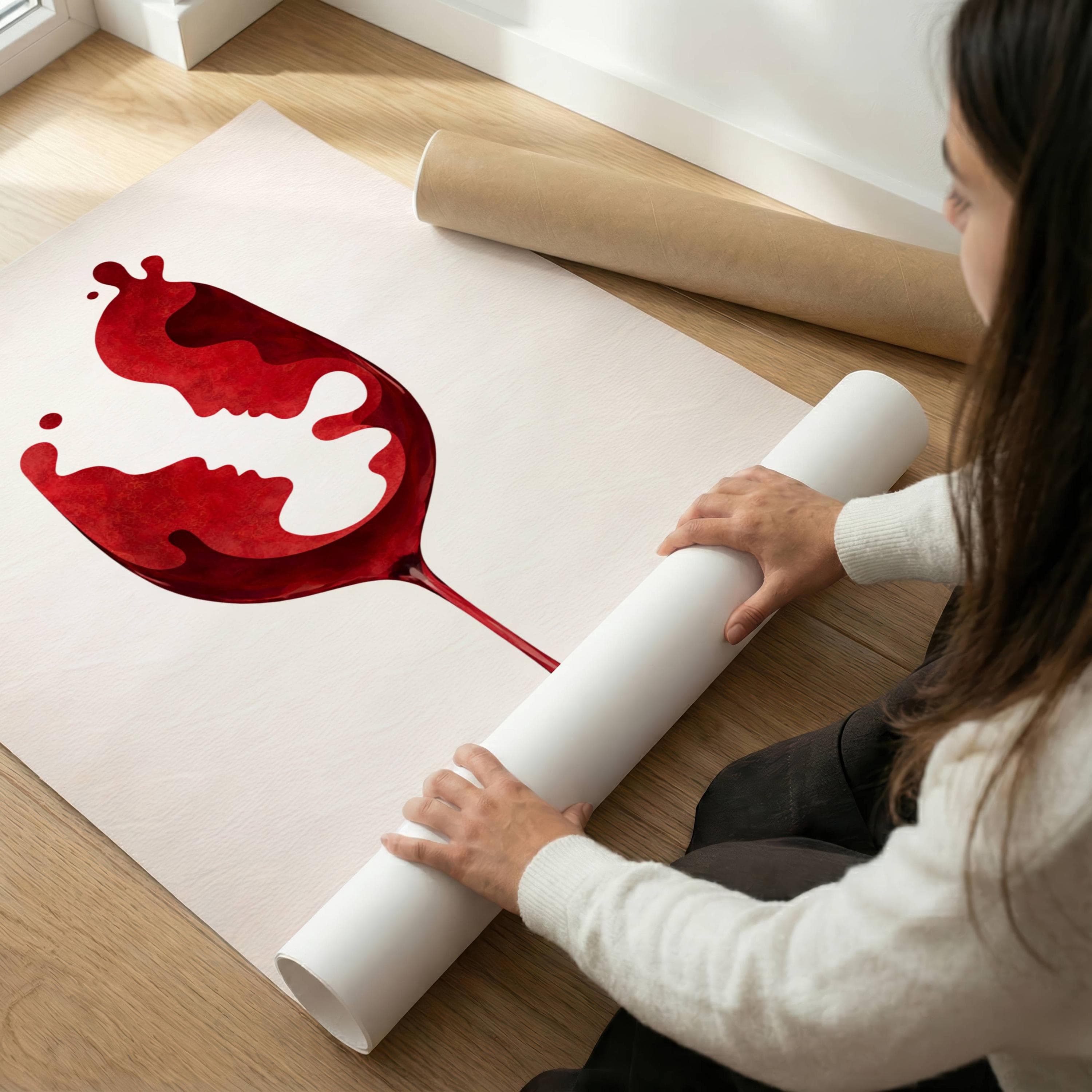 Red Wine Glass Wall Art Print, Romantic Couple Face Abstract Poster, Modern Dining Room Bar Decor, Minimalist Love Art, Bar Cart Decor - view 2