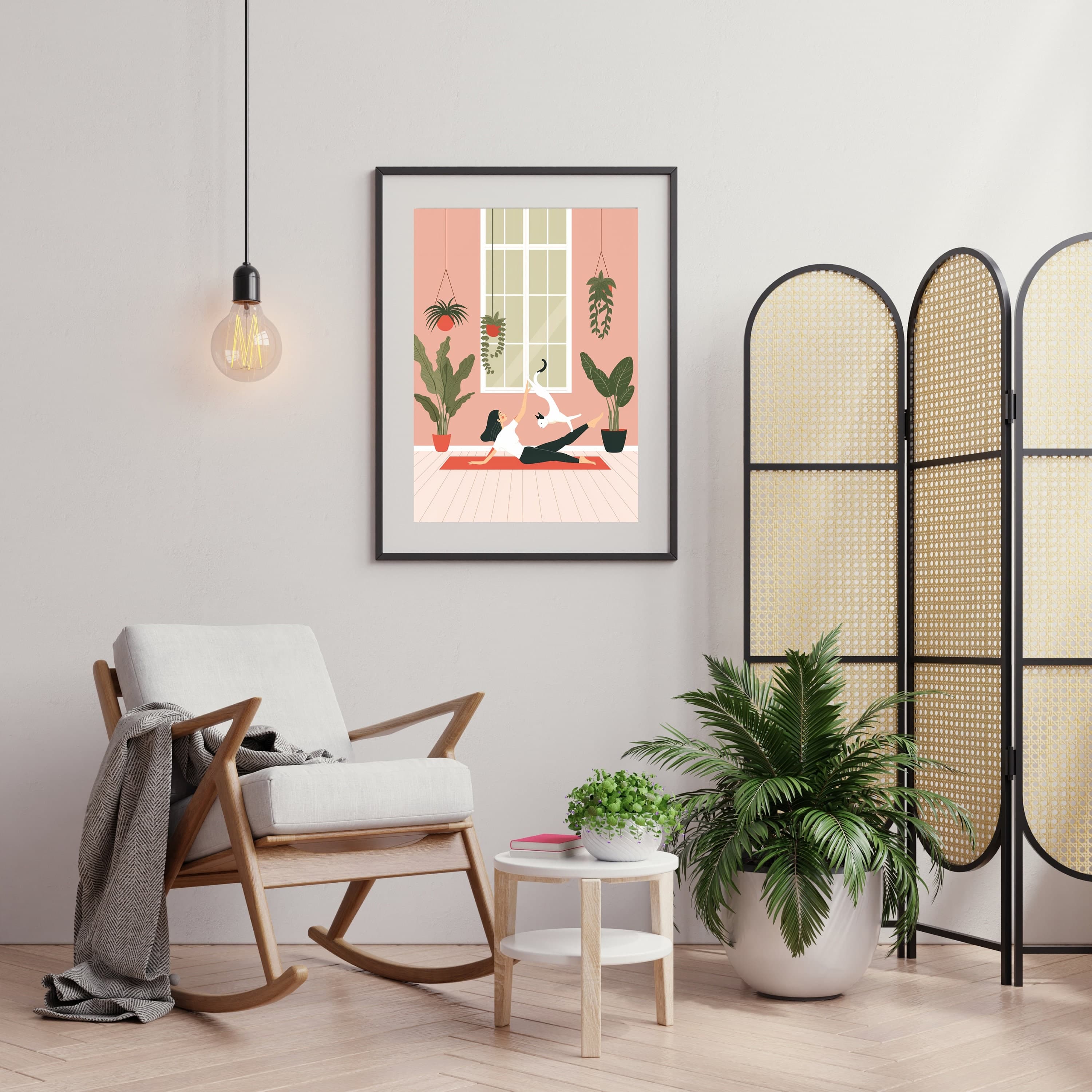 Yoga Cat and Woman Print, Cat Yoga Print, White Cat Art, Yoga Room Decor, Yoga Lover,Serene Yoga Meditation Art Print, International Cat Day - view 6