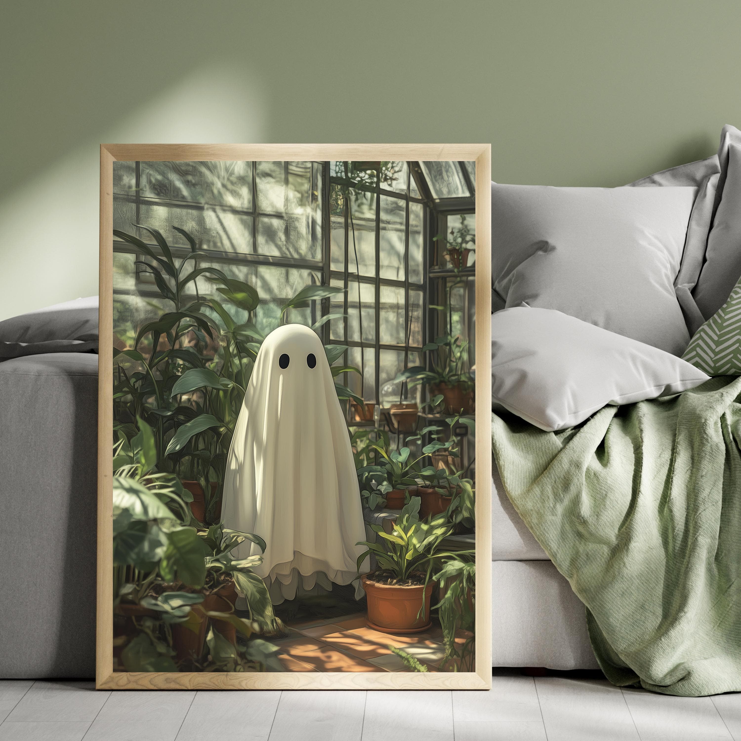 Ghost in Heathouse, Moody Plants and Ghost Painting, Cottagecore Ghost Art Print, Halloween Poster Home Decor, Whimsical Halloween Wall Art - view 3