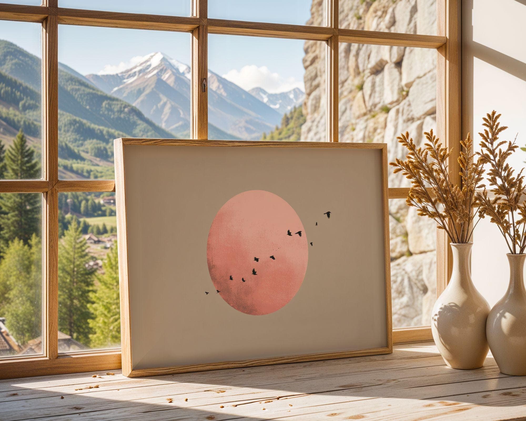 Flying Birds Across Pink Sun Poster, Japandi Wall Art Print, Flying Birds Art, Minimalist Landscape Art, Pink Moon Decor, Scandinavian Print - view 5