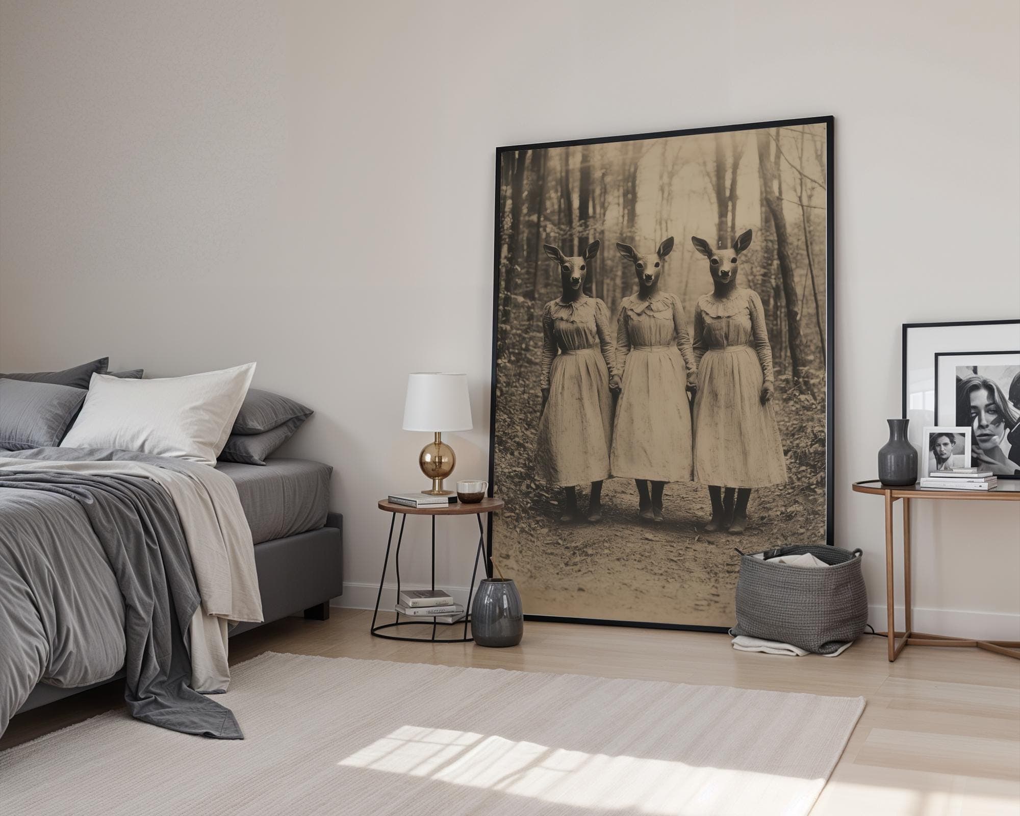 Vintage Surreal Deer Mask Women Wall Art β Spooky Forest Print, Surreal Wall Art, Spooky Surreal Wall Decor, Gothy Sepia Fantasy Wall Decor - view 6