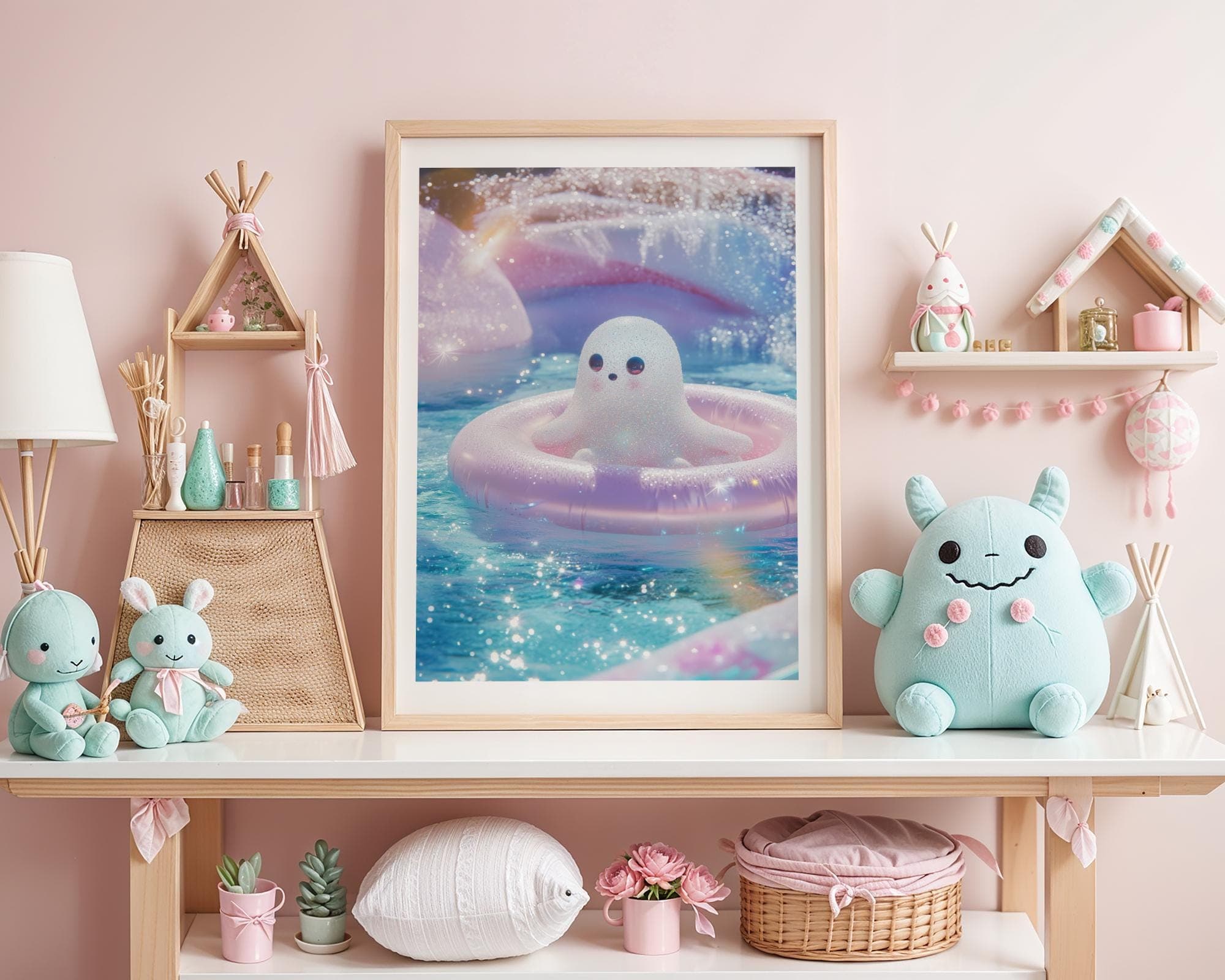 Cute Ghost Art Print, Halloween Art Print, Kawaii Ghost Art Print, Cute Seal Ghost Illustration, Pastel Sparkle Pool Art, Whimsical Decor - view 6