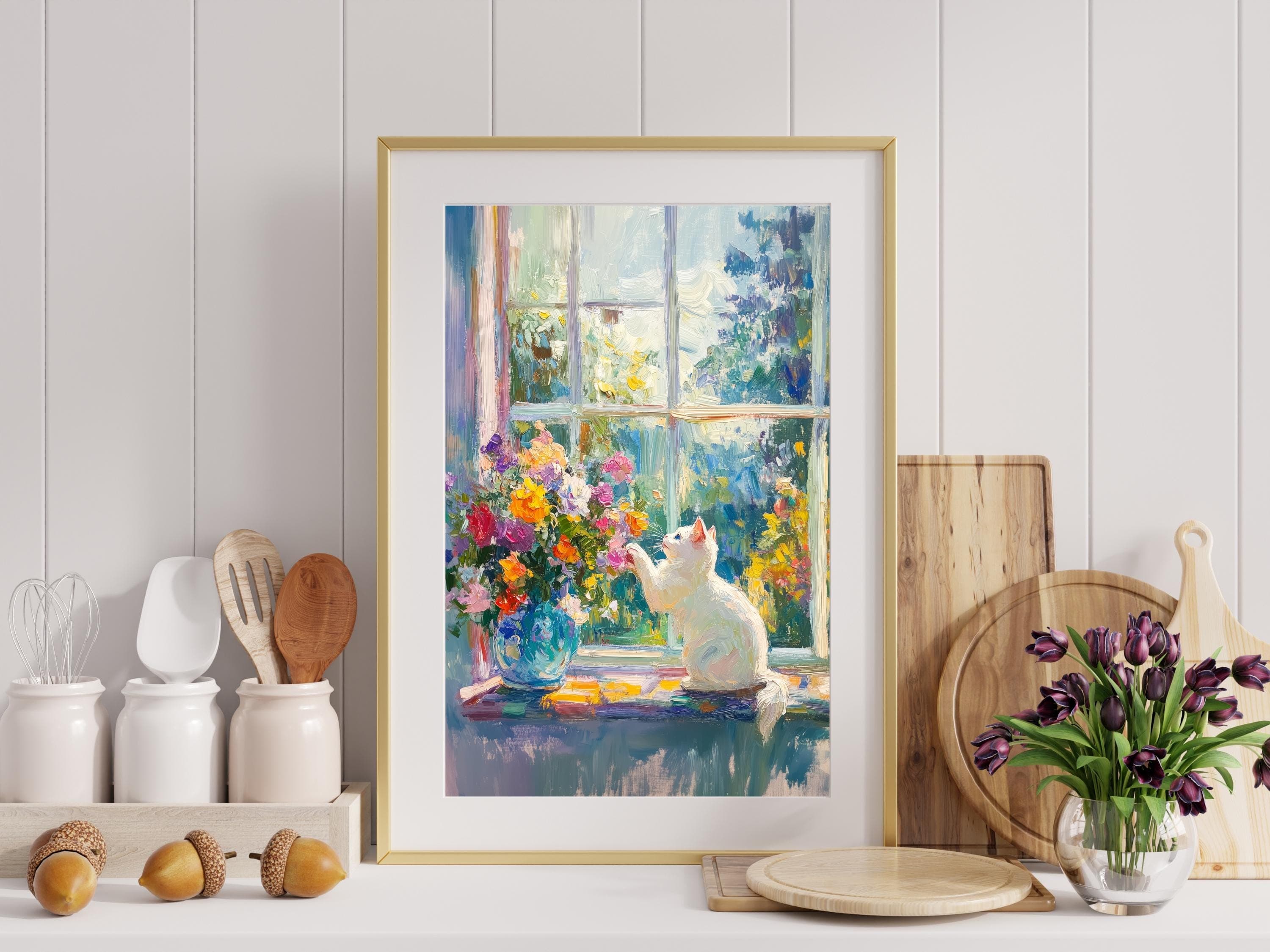 White Cat with Colorful Flowers Art Print, Matisse Style Oil Painting, Colorful Kitchen Decor, Cat Mom Gift, White Cat Painting, Cat Poster - view 2