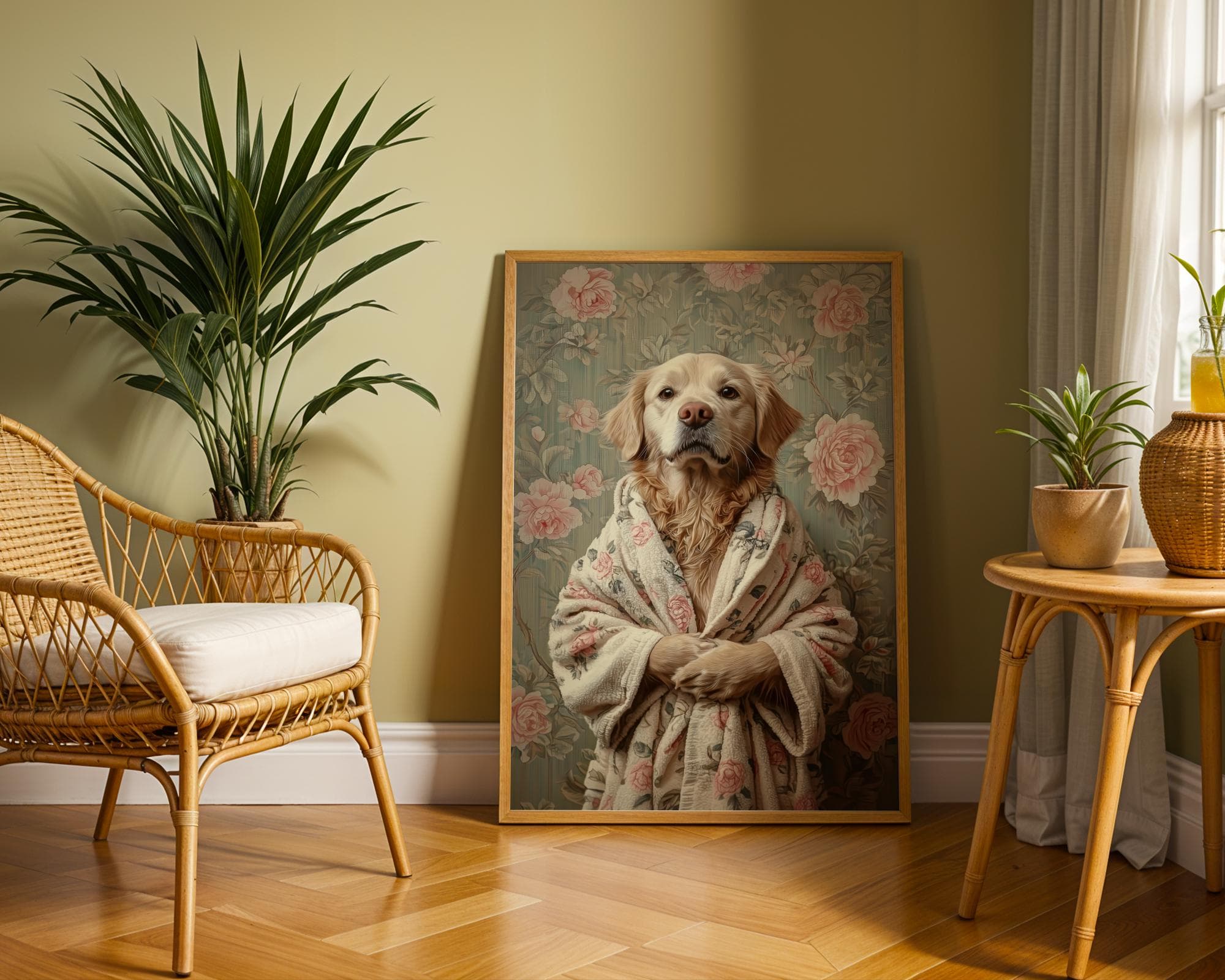 Golden Retriever in Bathrobe DIGITAL DOWNLOAD, Dog Printable Wall Art, Floral Dog Print, Funny Pet Decor, Dog Lover Gift, Retro Dog Poster - view 5