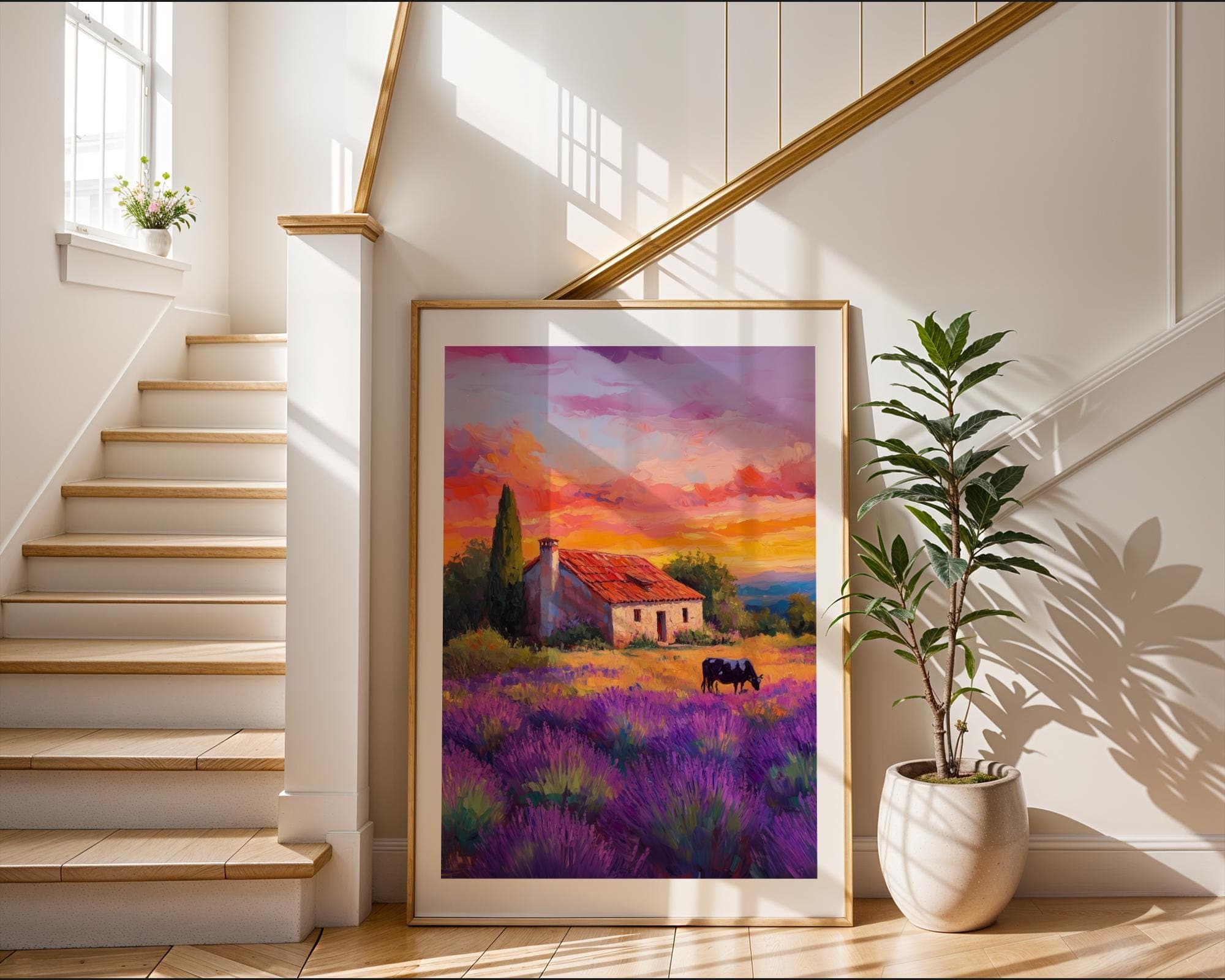 Lavender Field Wall Art, Farmhouse and Cow in Lavender Fields, Country Wall Art, Sunset Landscape Painting, Pastoral Provence Print, Digital - view 2