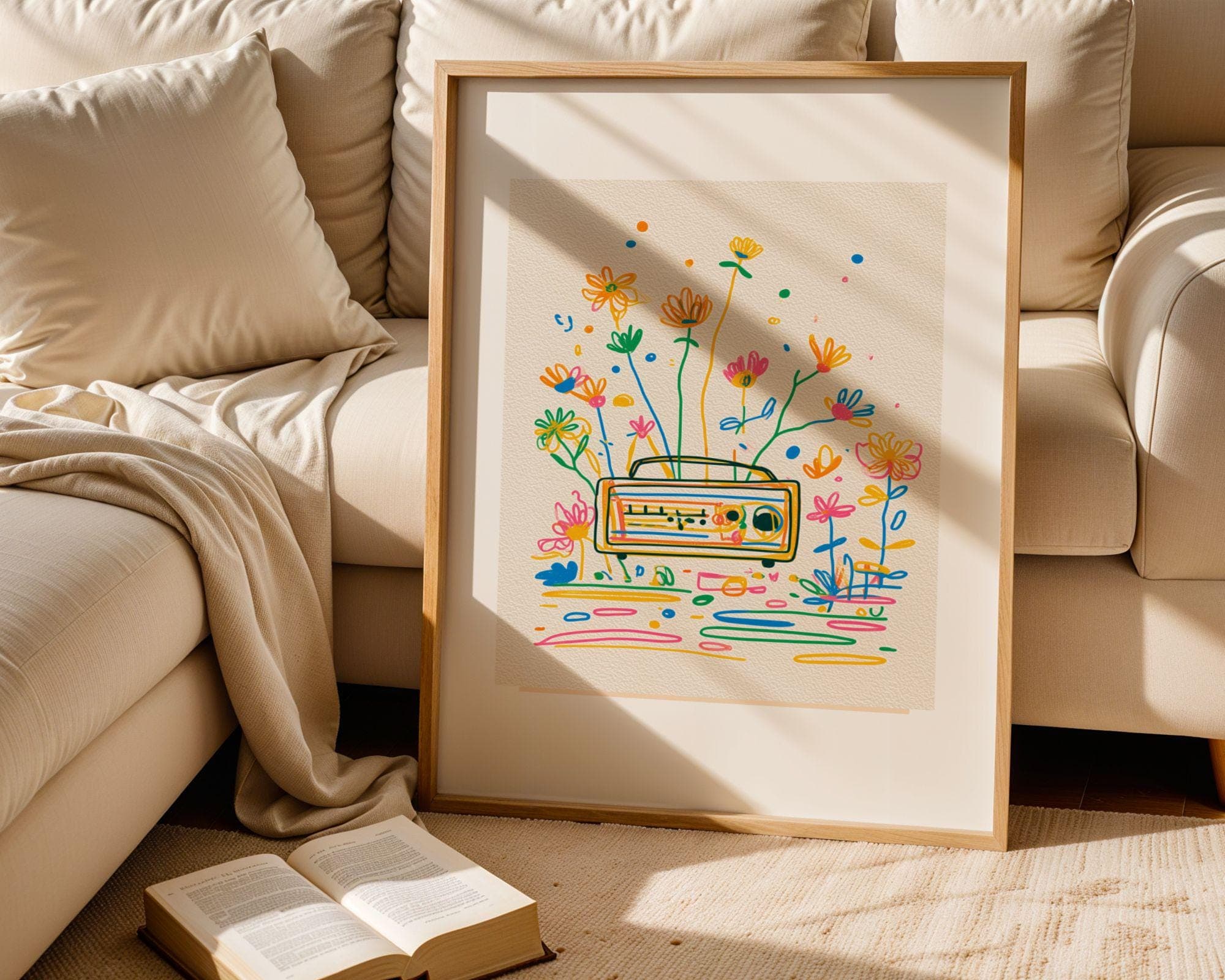 Retro Radio Print, Modern Colorful Line Drawing, Funky Pop Art Print, Abstract Retro Print, Bright Wall Decor, Colorful Vintage Radio Poster - view 2