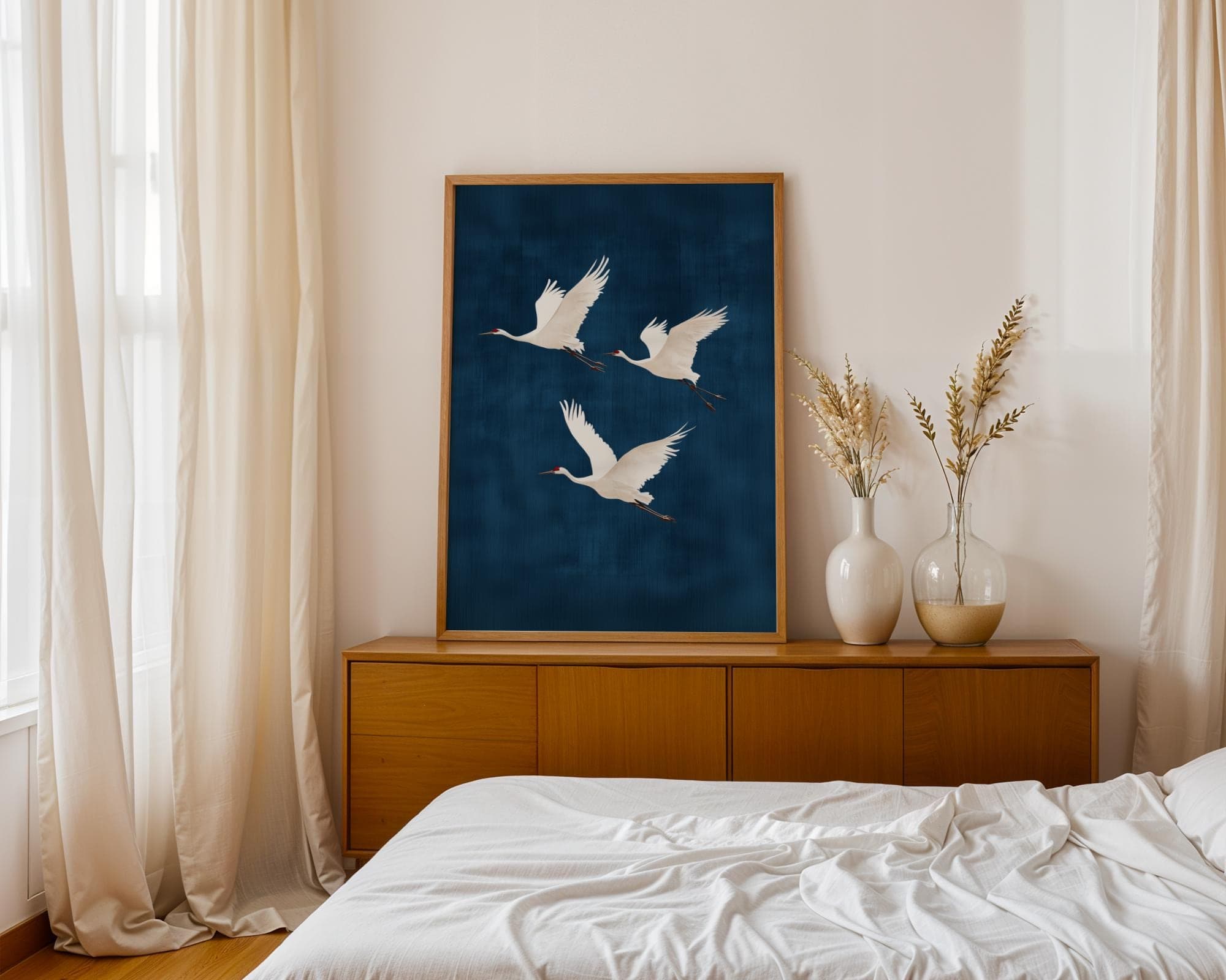 Flying Cranes on Deep Blue Background, Japandi Digital Download, Japandi Decor, Boho Bird Art, Japanese Crane Wall Art, Wabi Sabi Wall Art - view 6