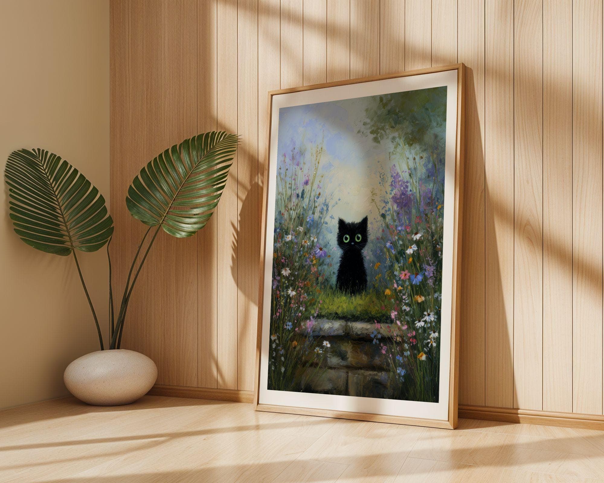 Black Cat in Wildflower Garden Wall Art, Whimsical Black Cat Poster, OilPaint Print, Colorful Floral Decor, Black Cat Aesthetic,Charming Cat - view 3