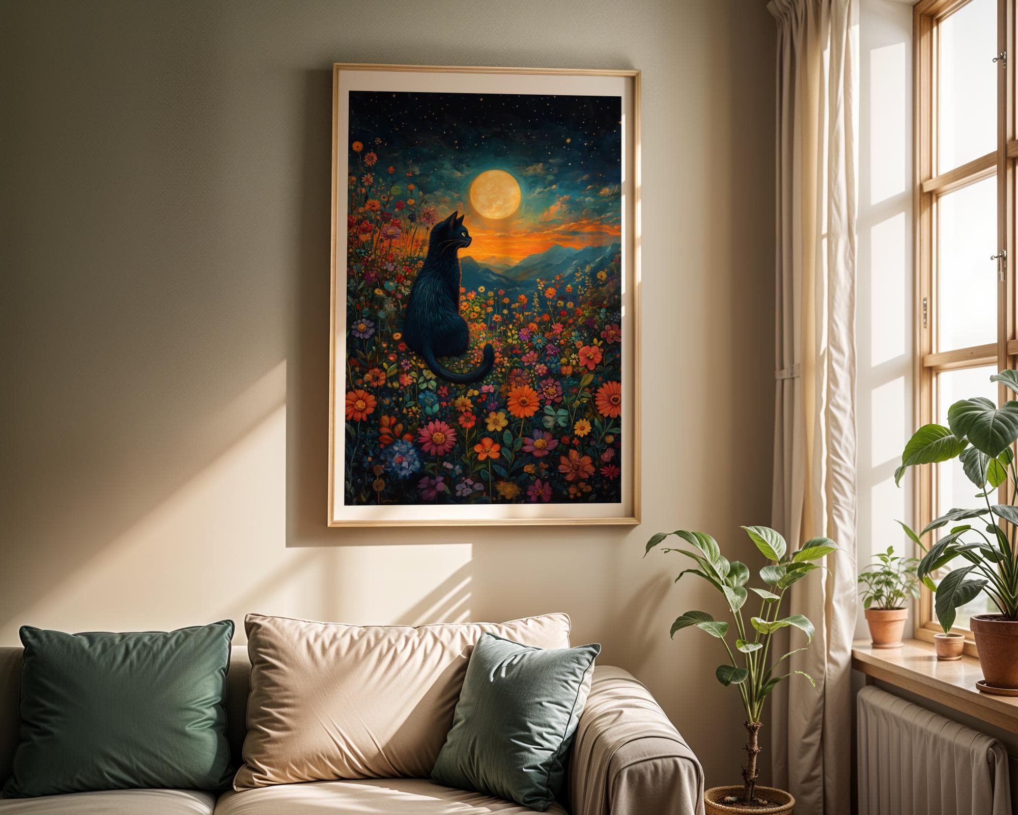Floral Black Cat Wall Decor, Black Cat Moonlit Wall Art, Starry Night Cat Wall Art, Floral Moonlight Poster, Flower Cat and Moon Wall Decor - view 3