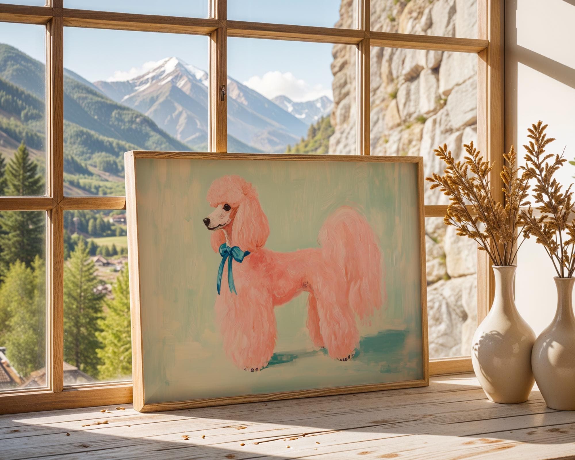 Pink Poodle Digital Art Print - Playful Animal Wall Art for Kids and Modern Rooms - Bold Color Palette,Pink Poodle Wall Art Print, Poddle - view 3