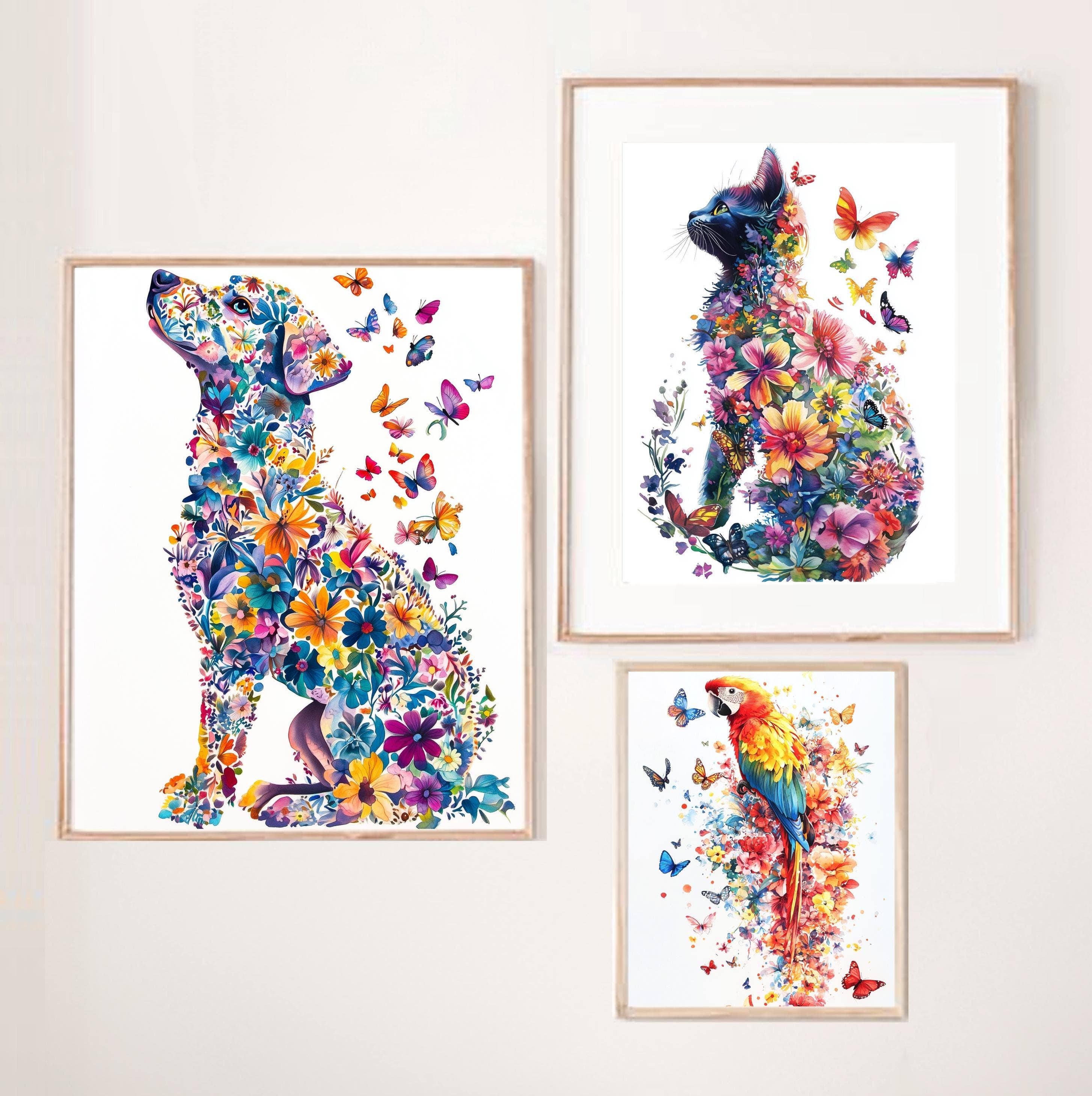 Whimsical Animal Wall Art Set, Floral Animal Art for Kids, Butterfly and Flower Animal Wall Art, Dog, Cat, Parrot Art Prints for Kids, Set 3 - view 2
