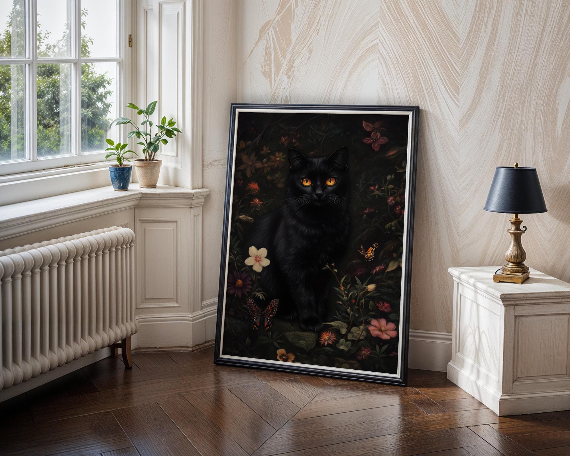 Floral Black Cat Print, Flower Cat Vintage Poster, Dark Academia Printable, Dark Cottagecore Decor, Gothic Oil Painting, Whimsical Black Cat - view 3