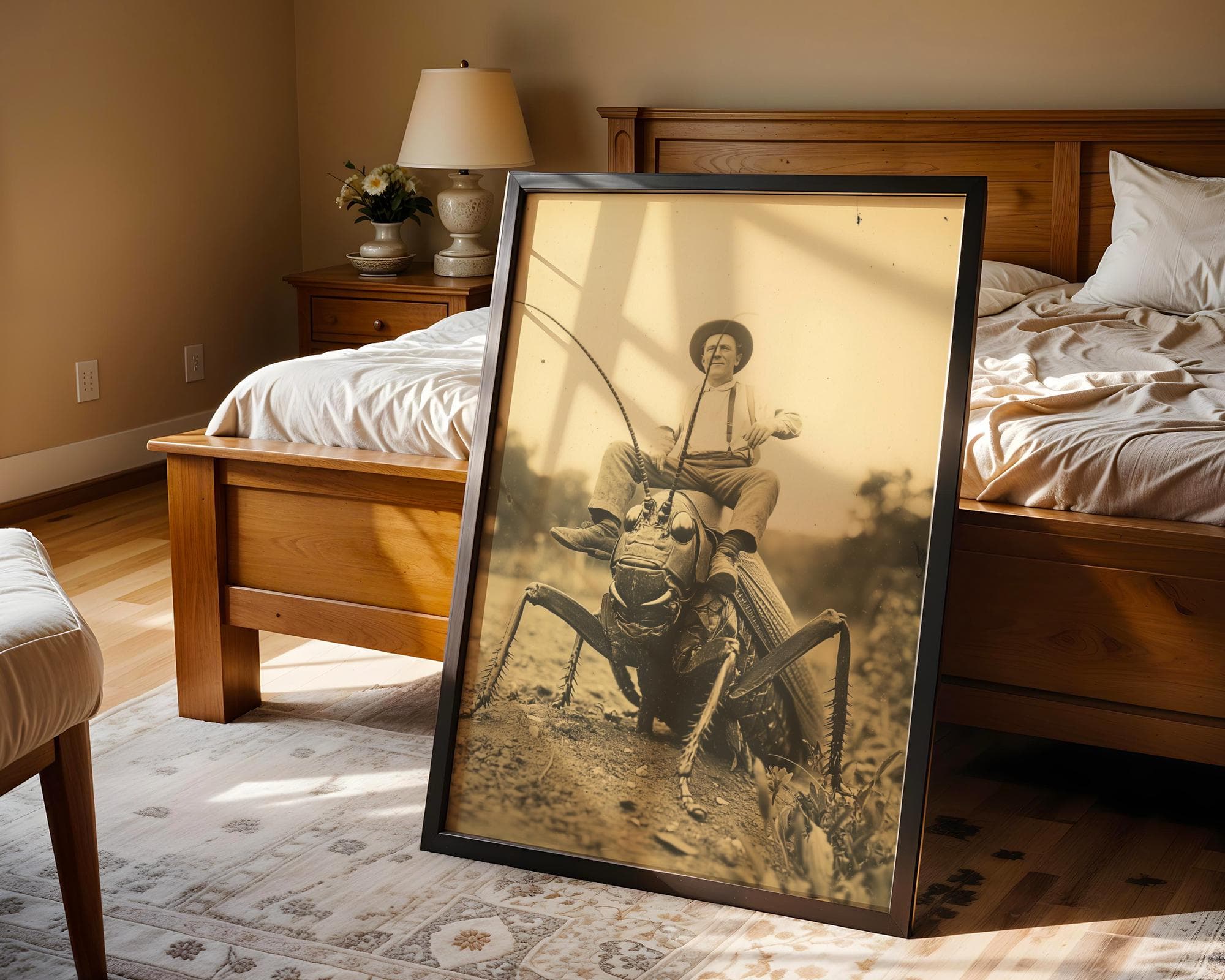 Quirky Grasshopper Cowboy Wall Decor, Quirky Rustic Wall Art, Humorous Retro Sepia Fantasy Insect Art Print, Digital Download, Surreal Art - view 3