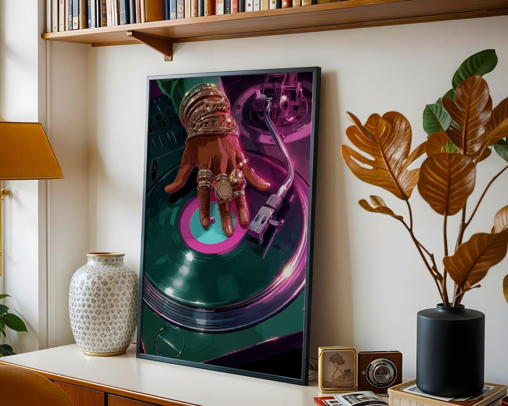 Retro Turntable Art – Pink and Green Vinyl Wall Print, Modern Retro Wall Print – Neon Turntable DJ Poster, Contemporary Vinyl Art - view 4