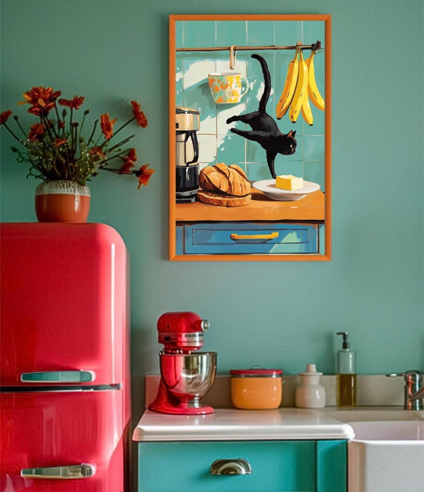 Colorful Kitchen Wall Print, Whimsical Cat Art Print, Colorful Kitchen Decor, Vintage Black Cat Kitchen Decor, Retro Kitchen Wall Art - view 5