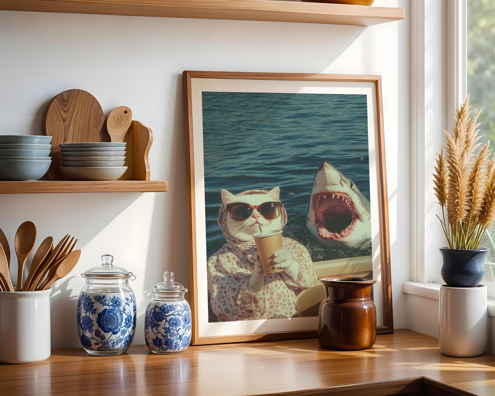 Funny Cat and Shark Wall Art, Funny Animal Art, Quirky Art Print, Quirky Cat Poster, Maximalist Cat Wall Art, Humorous Poster, Digital Art - view 4