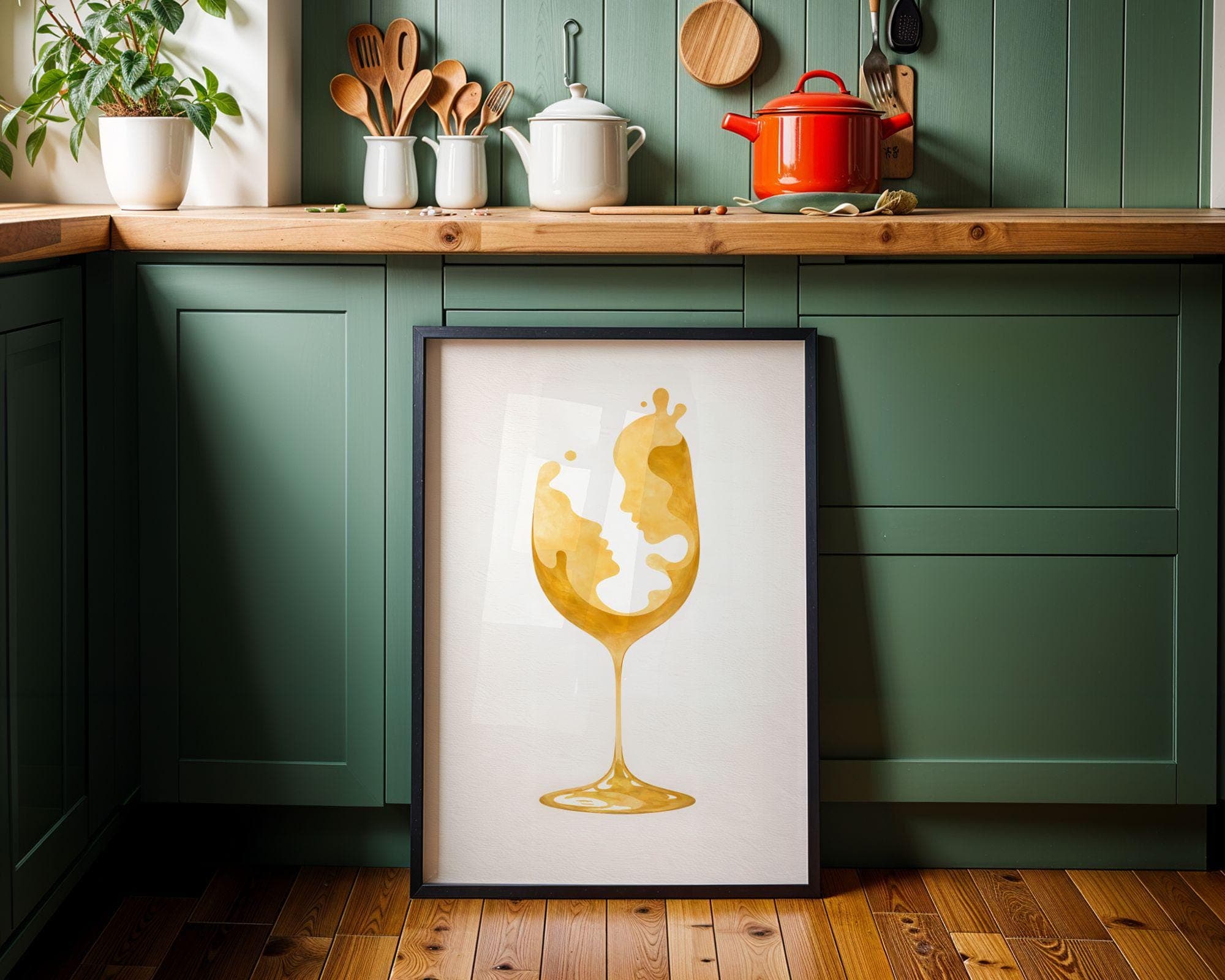 Abstract Wine Glass Wall Art Print, Gold Minimalist Couple Face Line Art Poster, Romantic Modern Dining Room Bar Decor Gift, Wine Lover Gift - view 3