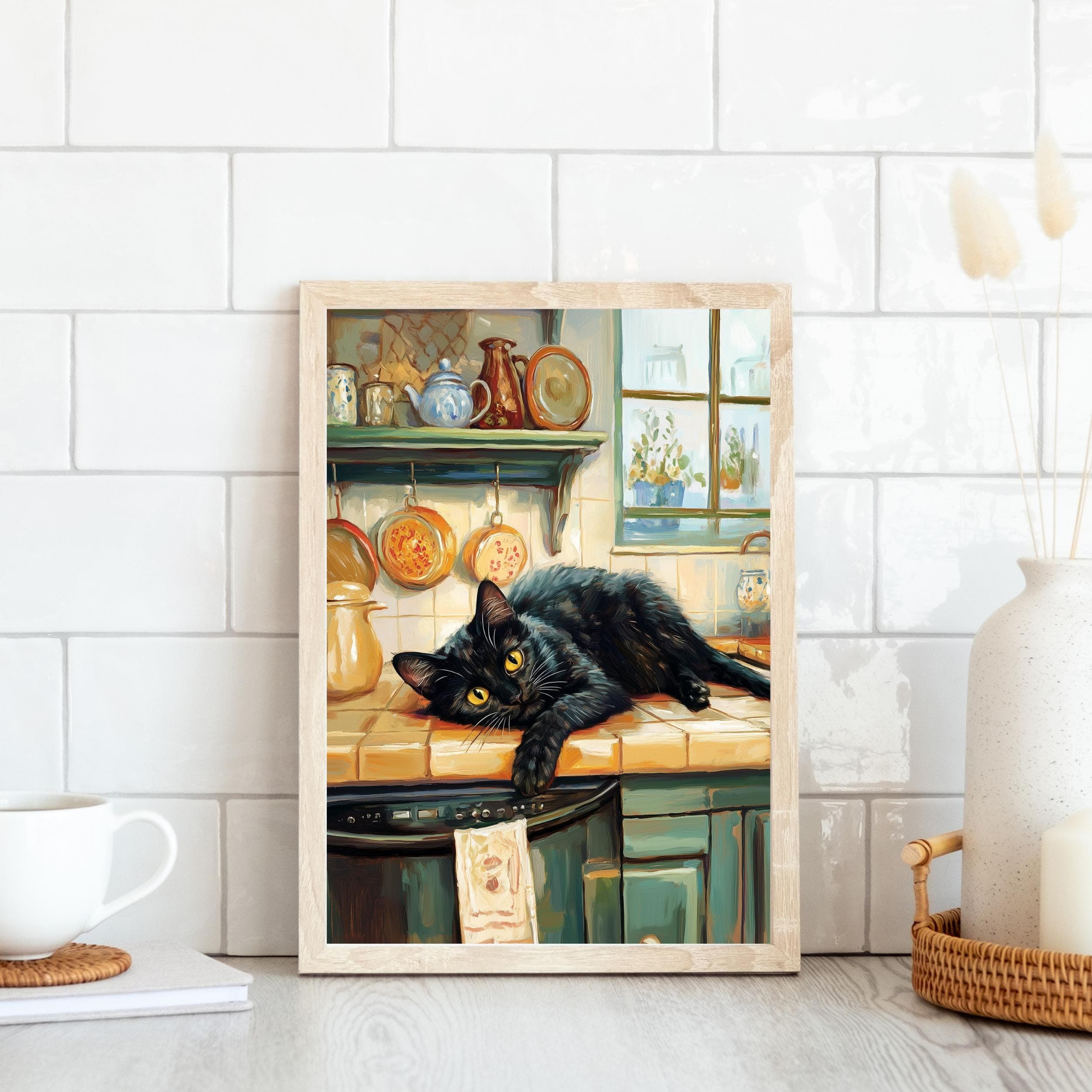 Cozy Kitchen Art, Black Cat Painting, Rustic Home Decor, Black Cat Painting, Farmhouse Kitchen Wall Art, Whimsical Black Cat Art, Cat Poster - view 4