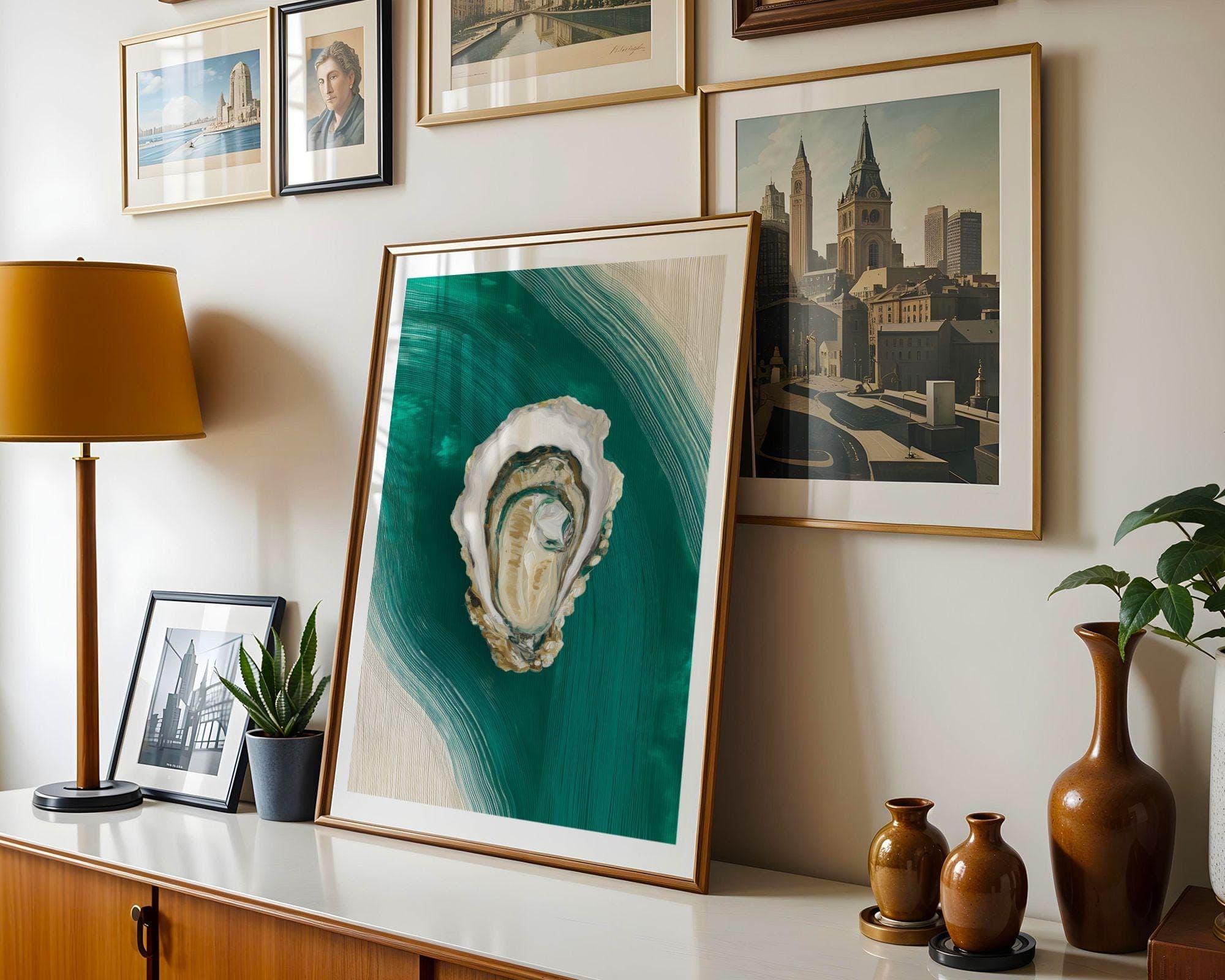 Oyster Shell Wall Art, Coastal Green Ocean Decor, Beach House Print, Minimalist Sea Life Poster, Summer Decor, Teal Ocean Abstract Painting - view 3