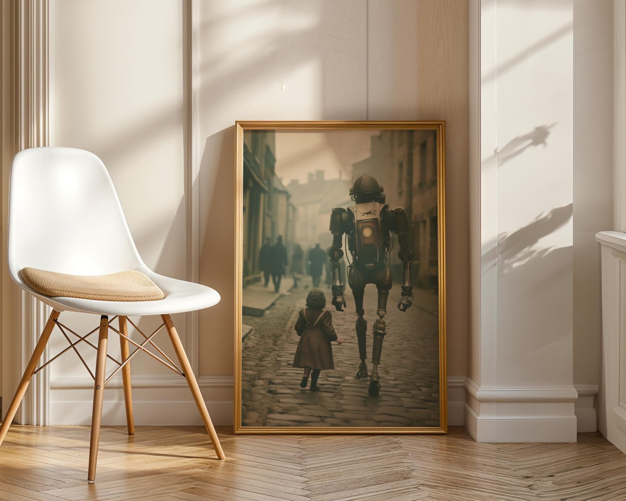 Surreal Robot and Child Print β Futuristic Steampunk Fantasy Artwork for Boys Room or Sci Fi Lovers, Whimsical Steampunk Wall Decor - view 2