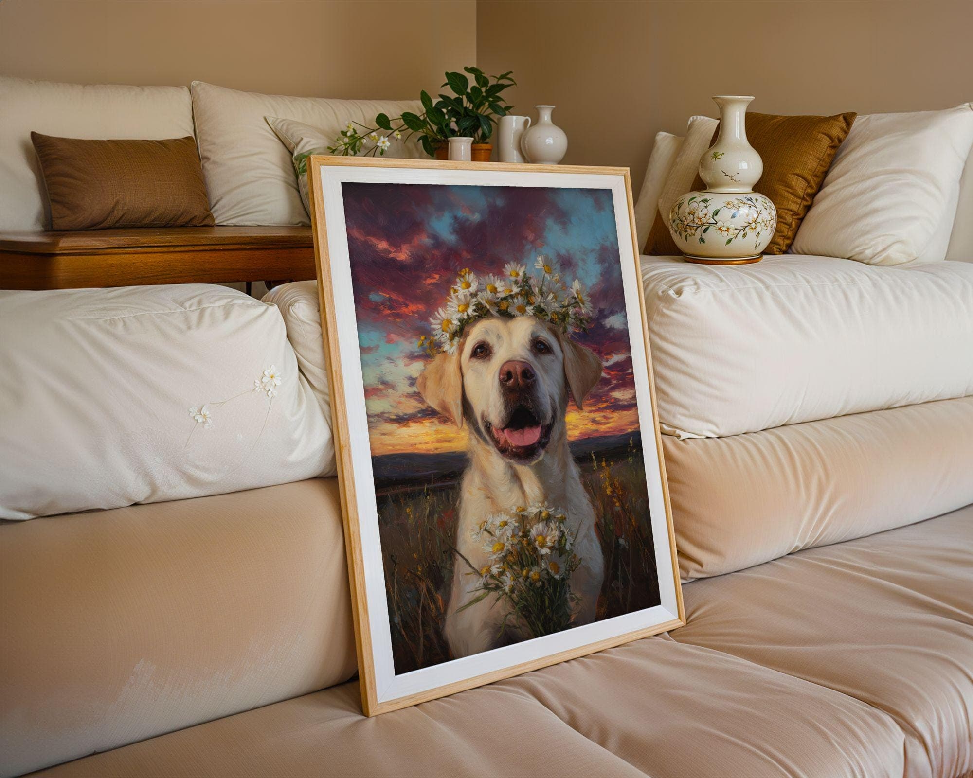 Labrador Wall Art Daisy Crown Dog Painting, Labrador Dog Wall Art Print, Floral Dog Painting, Yellow Lab Portrait, Sunset Field Art - view 3