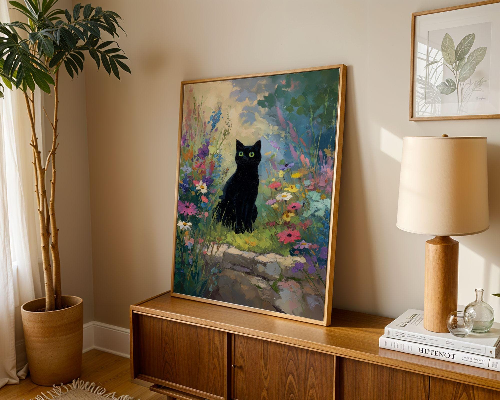 Black Cat in Wildflower Garden Wall Art, Whimsical Black Cat Poster, OilPaint Print, Colorful Floral Decor, Black Cat Aesthetic,Charming Cat - view 7